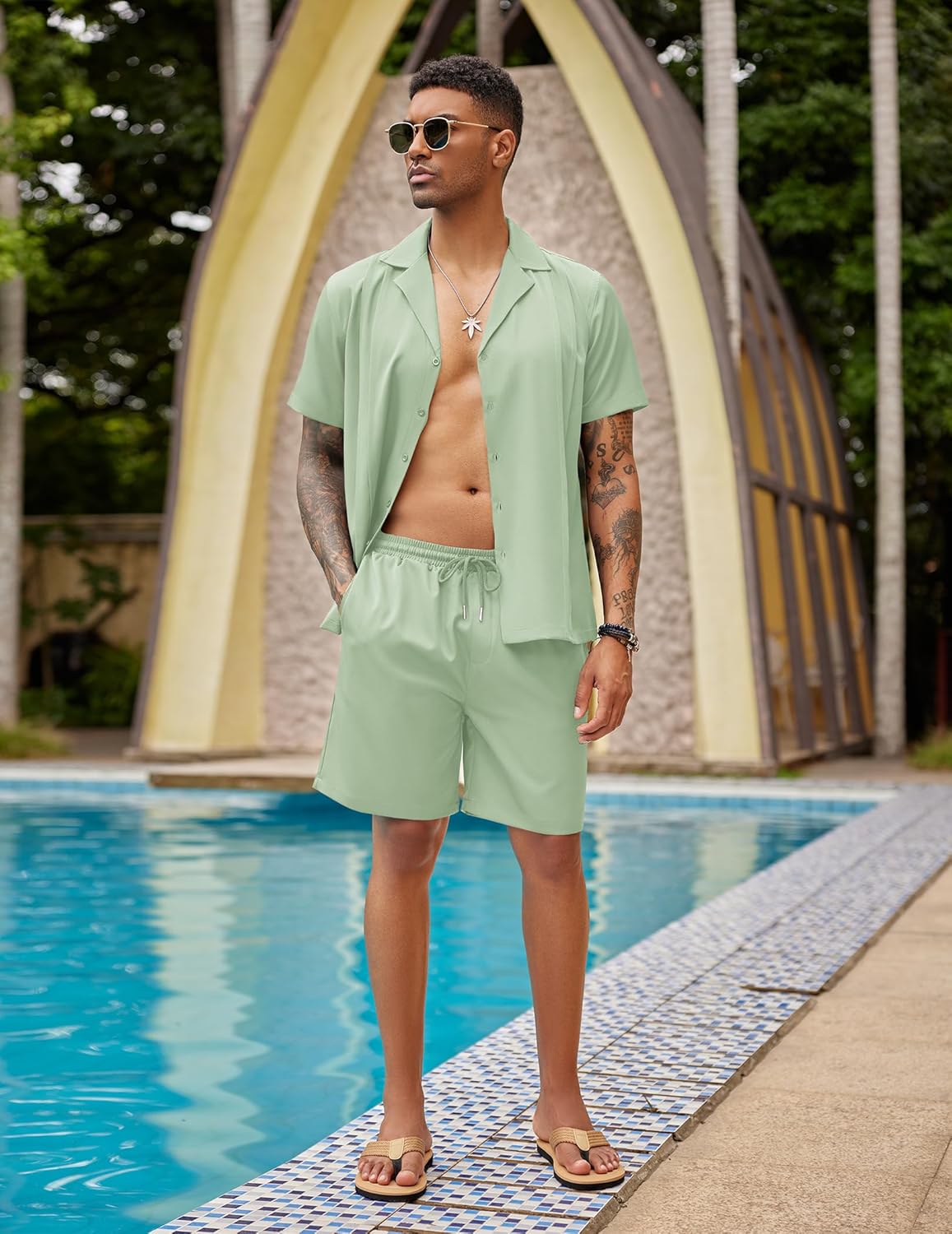 COOFANDY Mens 2 Piece Short Set Guayabera Button Down Shirt Casual Summer Beach Outfits - Image 4