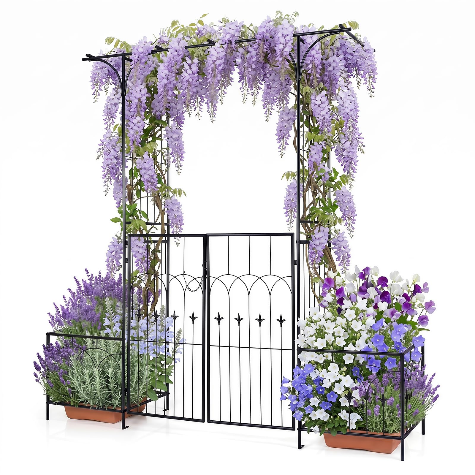 TANGZON Garden Arbor with Planters, Outdoor Garden Arbor Pergola with Arch/Flat Top, Heavy-Duty Trellis Archway for Climbing Plants Grape Vines Wedding Ceremony (200 x 51.5 x 206 cm)