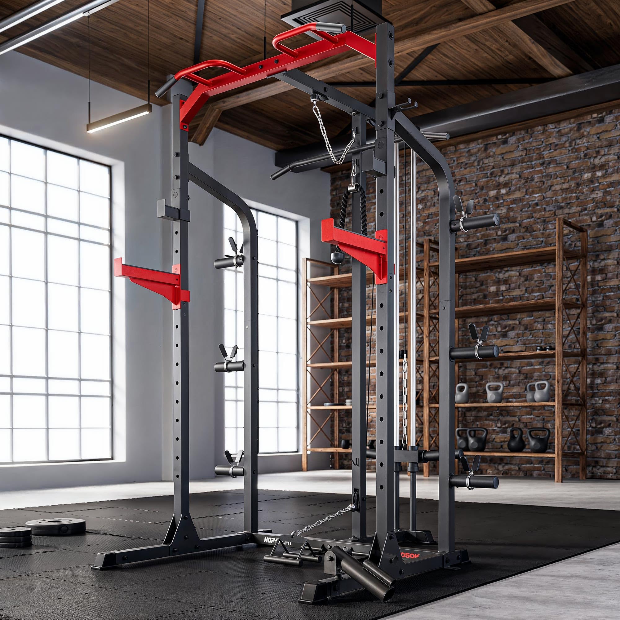 Hop-Sport Power Rack HS-2050K mit Latzug und Kabelzugstation, Power Cage mit Klimmzugstange, Sicherheitsablagen, Landmine, Squat Rack und Langhantelablage für Home Gym Krafttraining zuhause