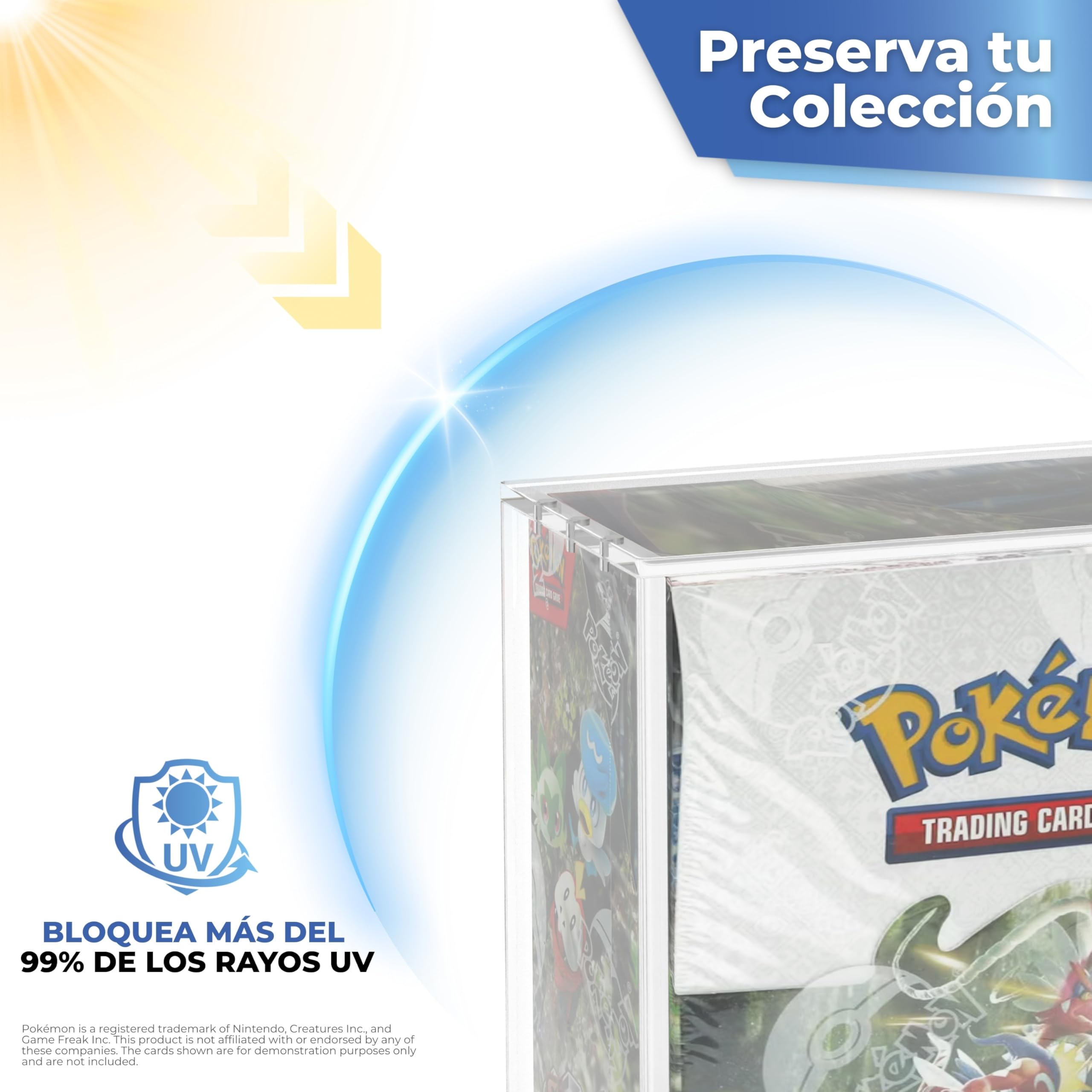 Protector Booster Box Pokémon con Imanes N52 – Caja Pokémon Acrílica con Protección UV 99% Transparente, Resistente y Apilable