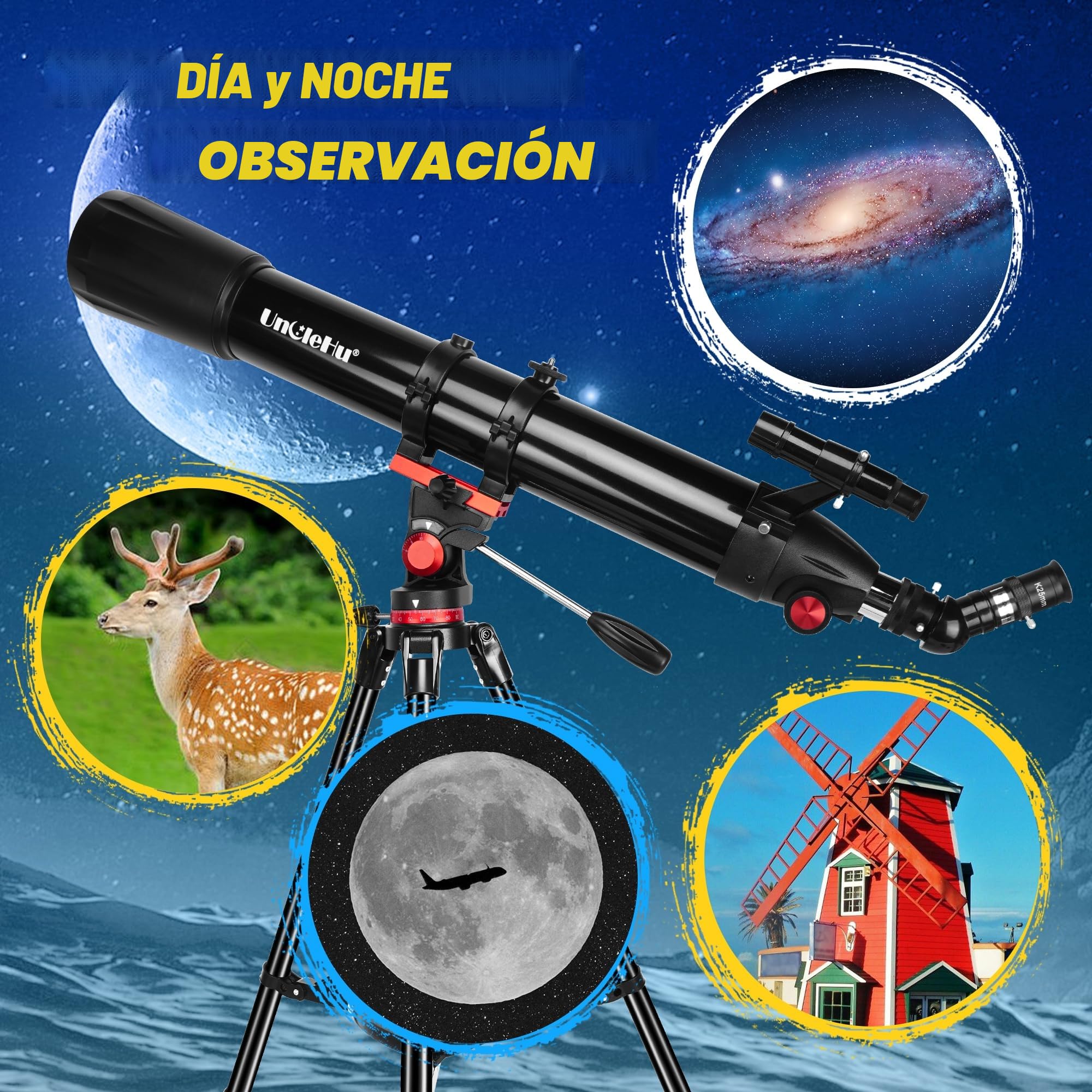 UncleHu Telescopio para Astronomía Adultos Principiantes, 36X-450X, 90mm Apertura 900mm Refractor Profesional Portátil Telescopios Astronómicos con Trípode&Adaptador para Teléfono&Bolsa de Transporte
