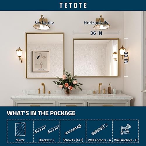 Miniatura 6 de TETOTE Espejo con marco dorado para pared de baño, 30 x 36 pulgadas, rectangular, latón cepillado, marco de metal dorado, espejo de tocador moderno,