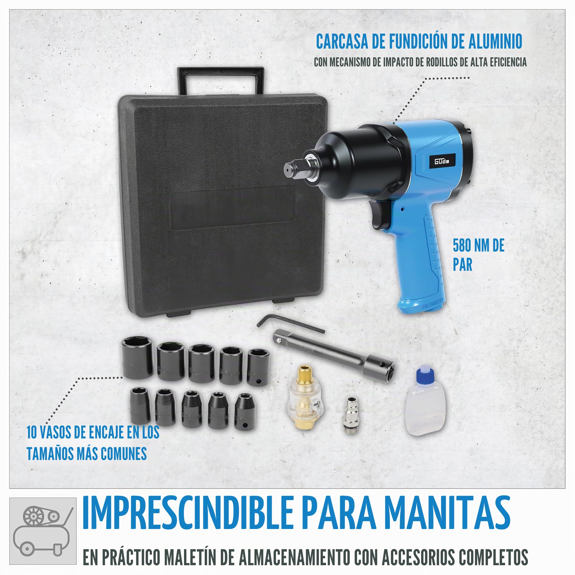 Güde Juego de llaves de impacto neumáticas (rosca de conexión IG 1/4", presión de presión de 6 bar, aire de 204 l/min, 150/300/569 Nm, par máximo de 580 Nm, incluye 10 llaves de vaso, alargador, etc.)