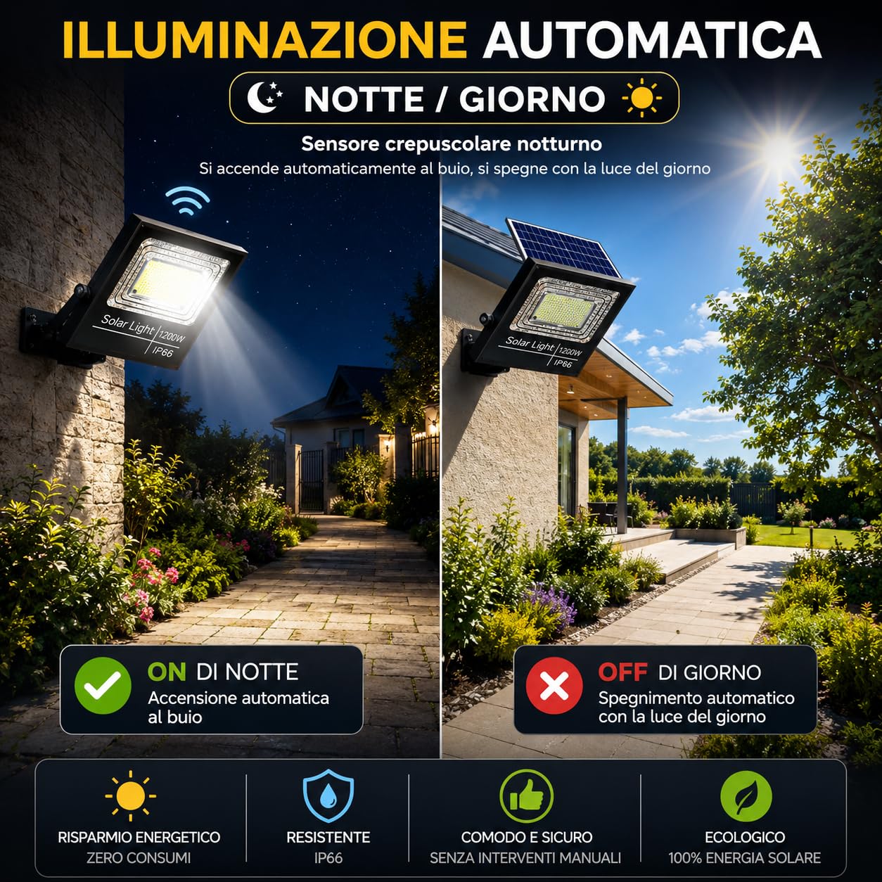 Faro Solare LED 1000W con Pannello Solare, Luce da Esterno 6500K Ultra Potente, Sensore Crepuscolare Automatico, Telecomando, IP67 Impermeabile, Faretto Solare per Giardino, Cortile, Garage, Vialetto