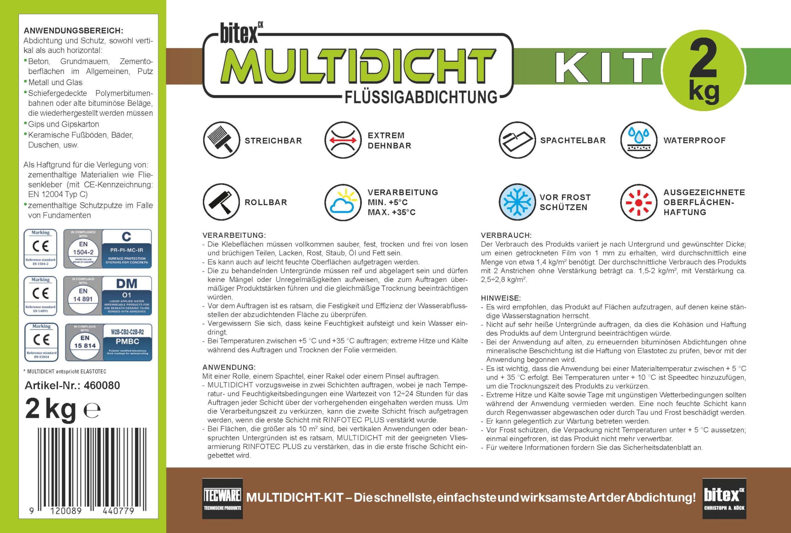 Multidicht Kit 460080 - geprüft und zertifiziert - Flüssigabdichtung, Abdichtung für Bad, Dusche, Schwimmbad, Kellerräumen, Terrasse, Balkon, Fensterbank, u.v.m.