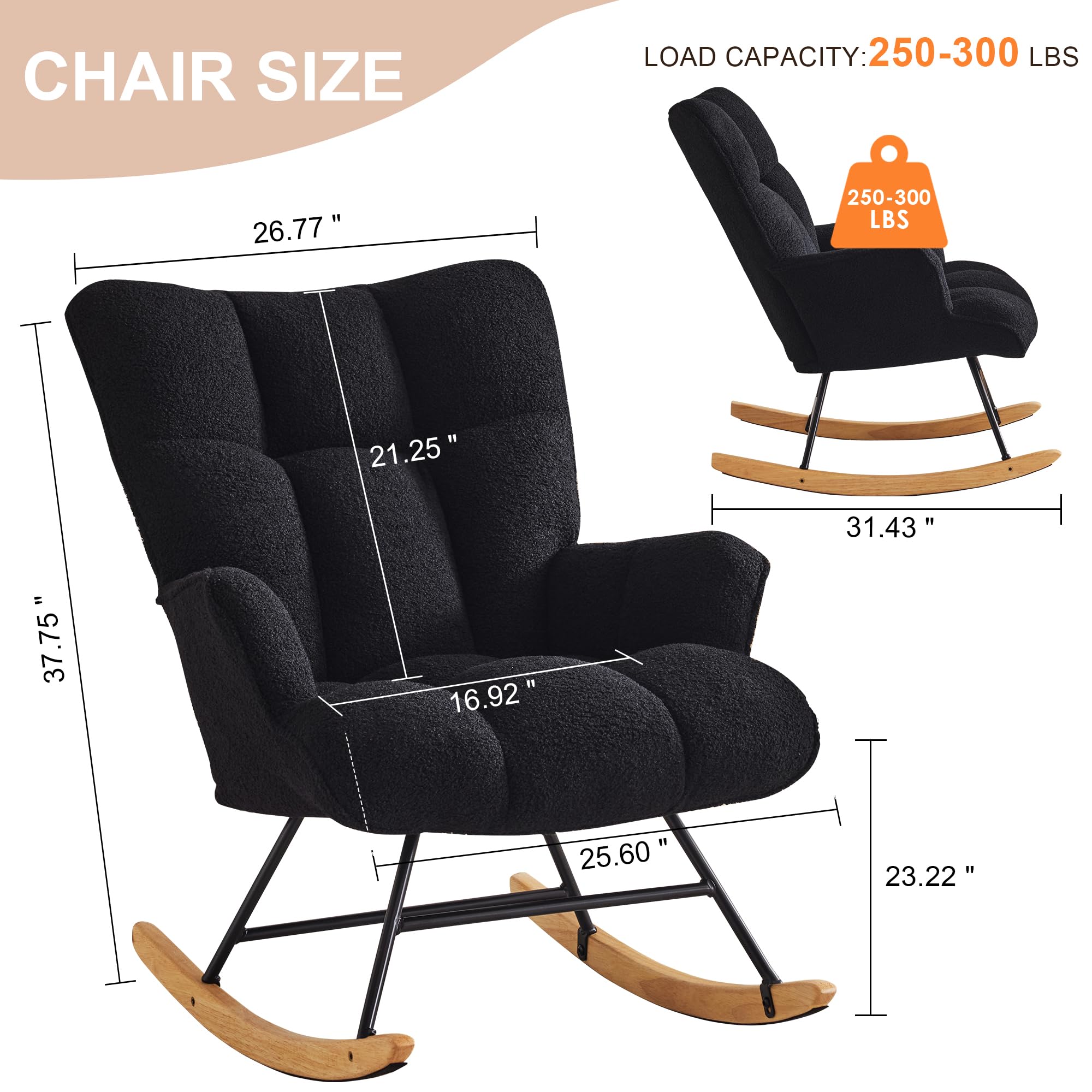 Zedachica Rocking Chair Nursery Teddy Upholstered Glider Rocker Rocking Accent Chair Padded Seat with High Backrest Armchair Comfy Side Chair for Living Room Bedroom Offices (Black Teddy)