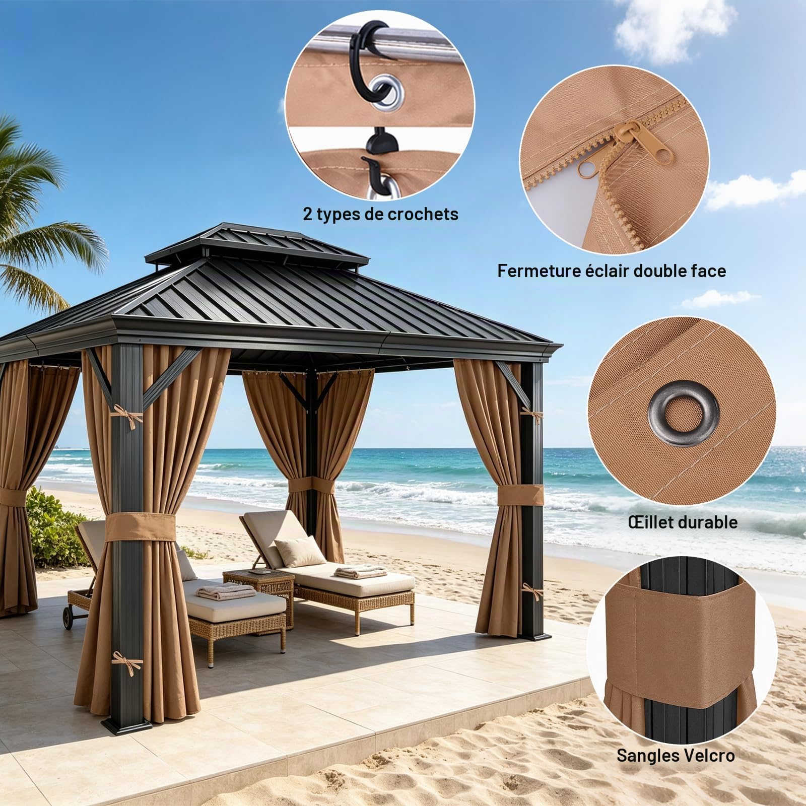 Rideaux Extérieurs de Rechange Imperméable pour Tonnelle 3 x 3 m, Toiles Latérales à 4 Panneaux Intérieur Extérieur Oxford 300D avec Fermeture Éclair, Crochets pour Pavillon, Pergola, Kaki