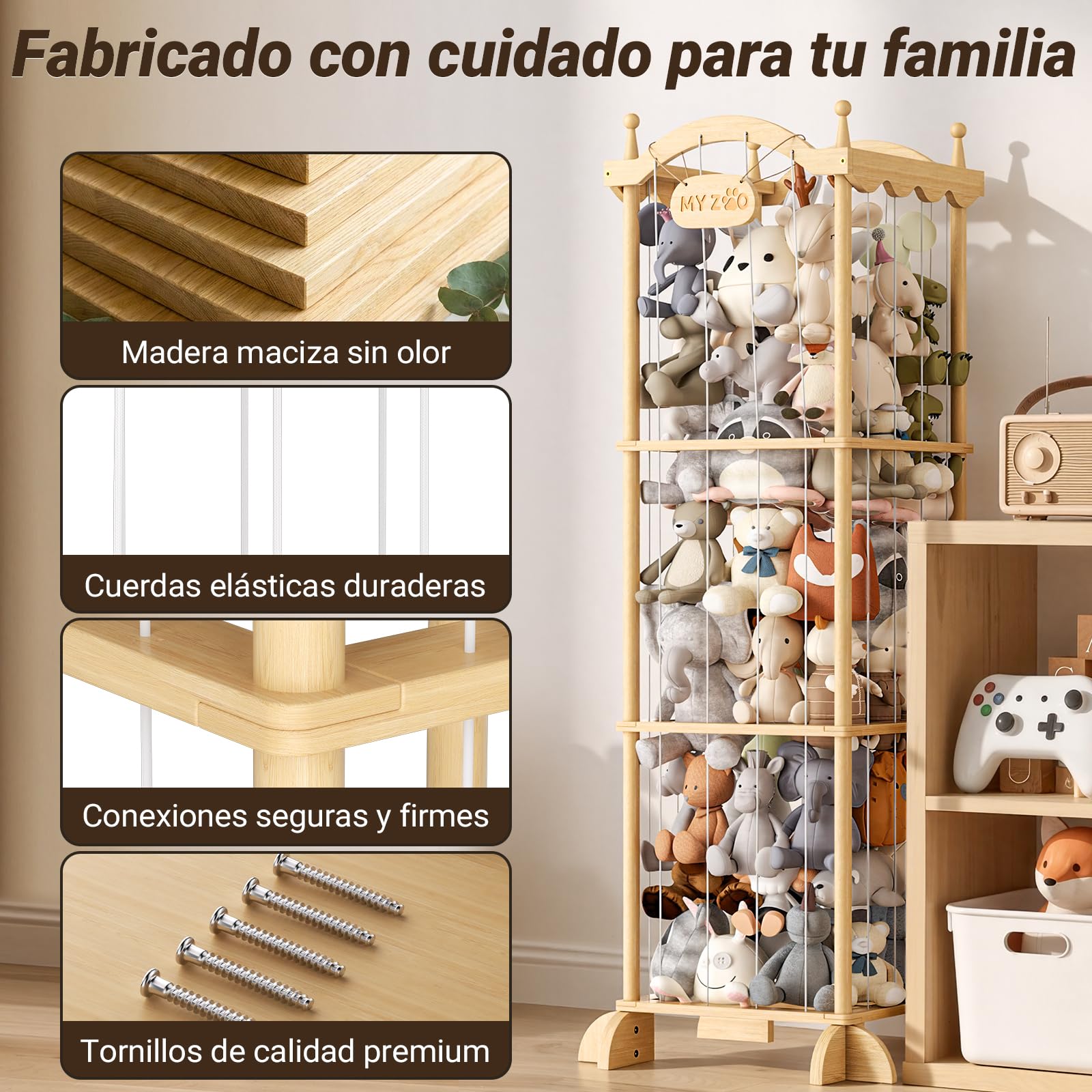 COSYLAND Organizador Peluches - Almacenaje Juguetes para Niños, Ahorrar Espacio Guarda Juguetes Infantil, Gran Capacidad Baúl para Sala de Juegos, Natural (Castillo sin Cuerda Colgante)