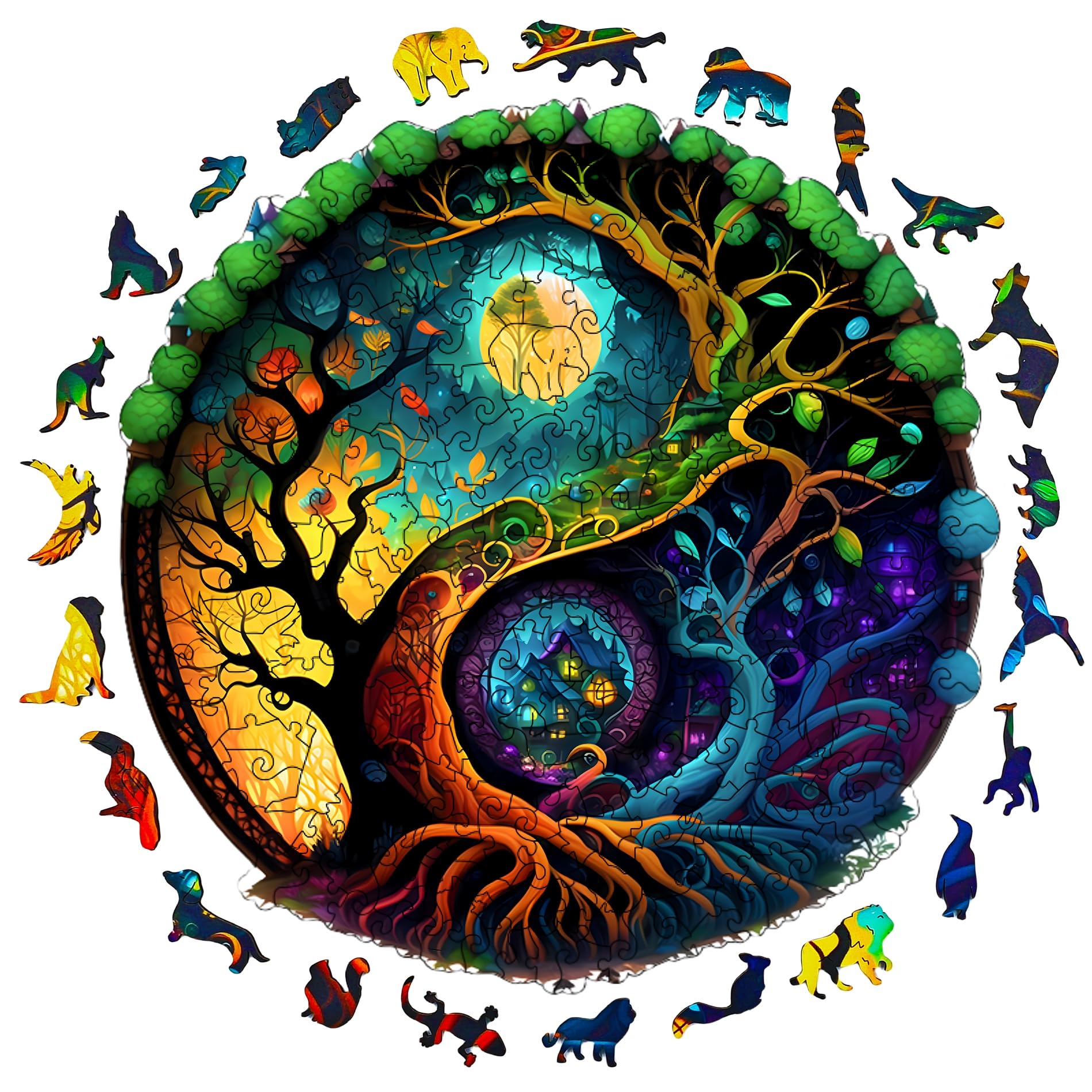 Wooden Jigsaw Puzzle for Adults,Night Tree House Animals Shaped Magic Puzzle Pieces Best Gift for Adults,Can be Used as a Cool Mouse Pad,241pcs,(13.38 * 13.38 inches)