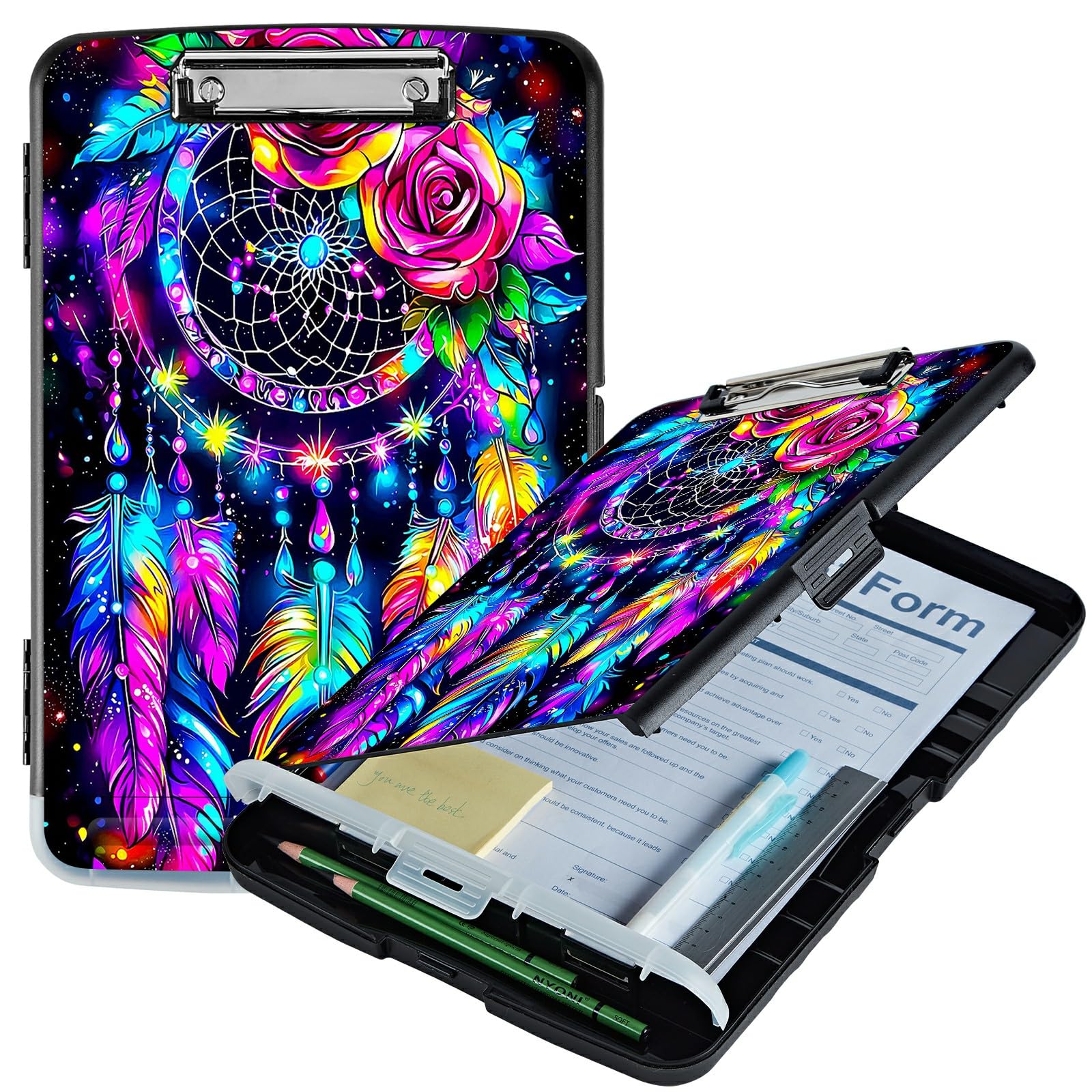 RWUTYTIUL Artistic Dreamcatcher A4 Clipboard with Storage Pen Holder, Clipboards Organizer Nursing Clipboard Foldable File Folder Plastic Clipboard Folio Clip Board for Office Students Classroom