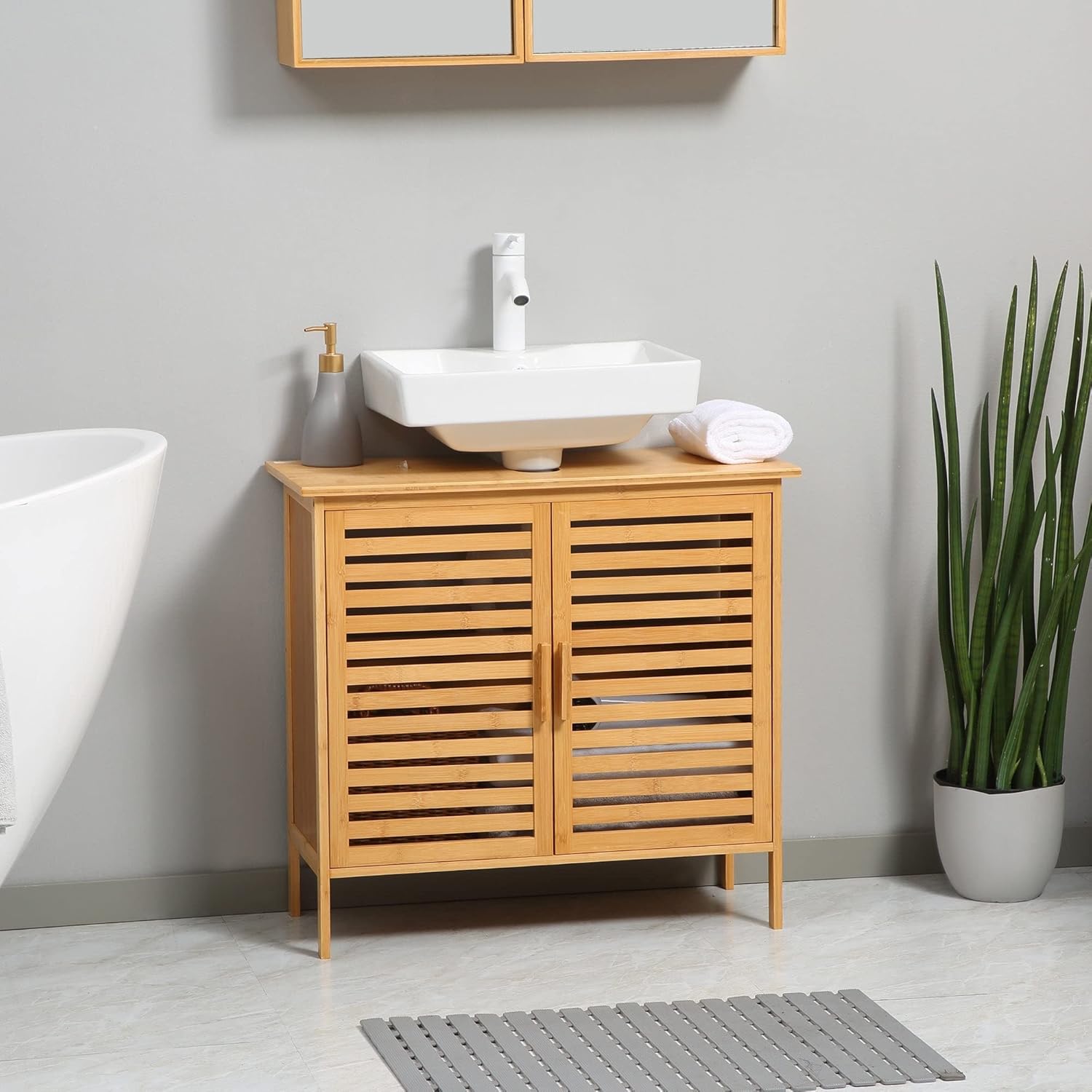 Bamboo Under Sink Cabinet with 2 Slatted Doors Freestanding Organizer Wood