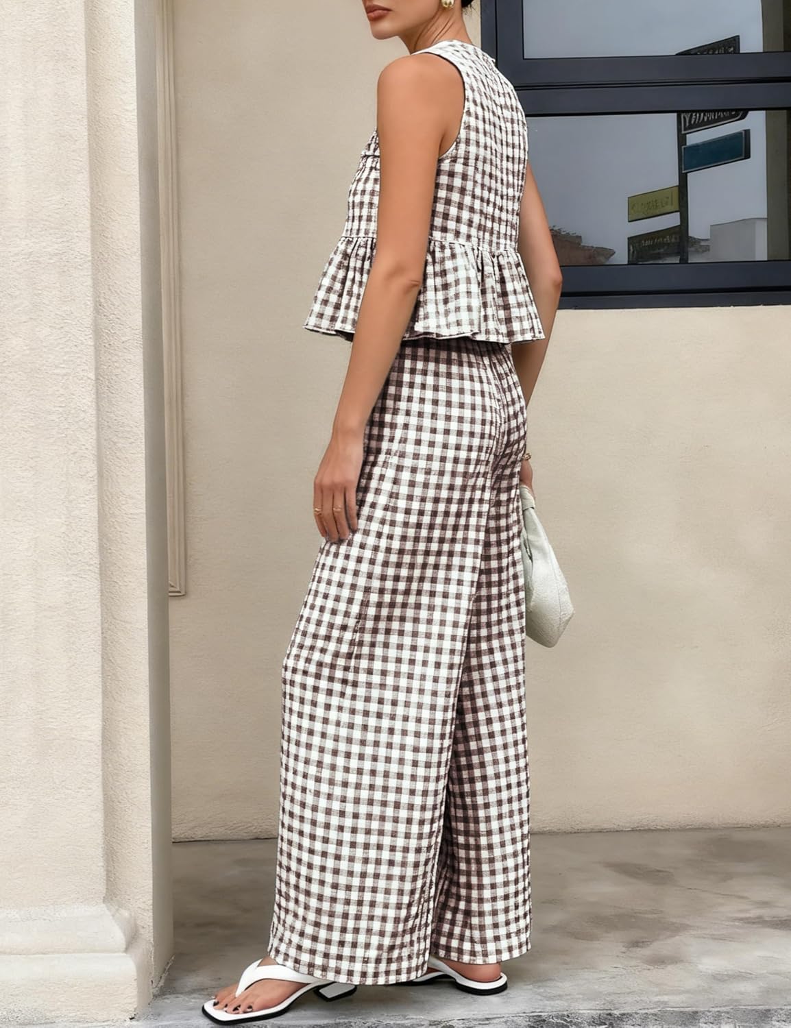 Tanming Women's 2 Piece Set Outfits Gingham Plaid Tank Tops Wide Leg Pants Matching Lounge Sets