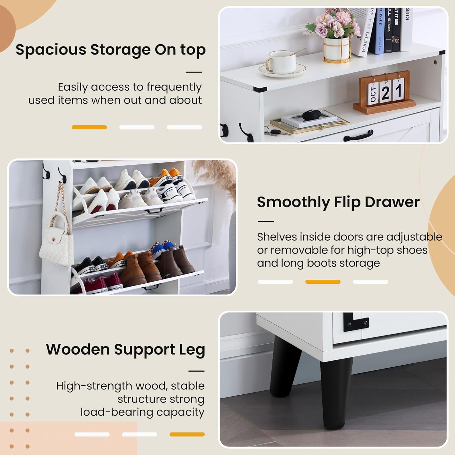 Shoe Storage Cabinet with 2 Flip Drawers, Farmhouse Shoe Cabinet with Open Storage for Entryway, Freestanding Hidden Slim Narrow Shoe Rack Cabinet for Hallway, Closet, Living Room (Pure White)