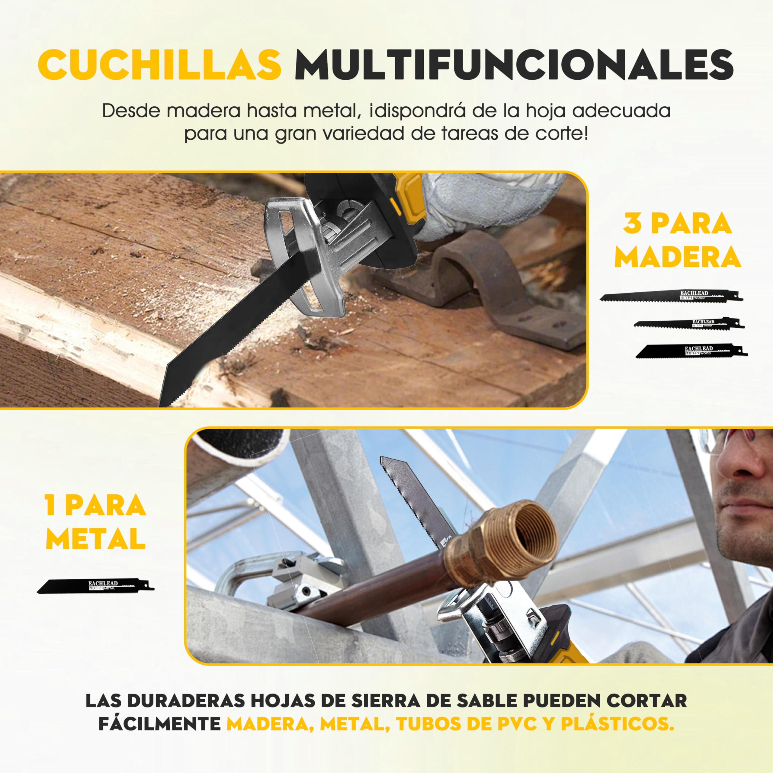 Sierra Sable Sin Cable para Dewalt 21V, Segadora Alternativa Sin Escobillas con 4 Hojas, Velocidad Ajustable 0-2500 RPM para Corte de Madera/Metal/PVC (Sin Batería)