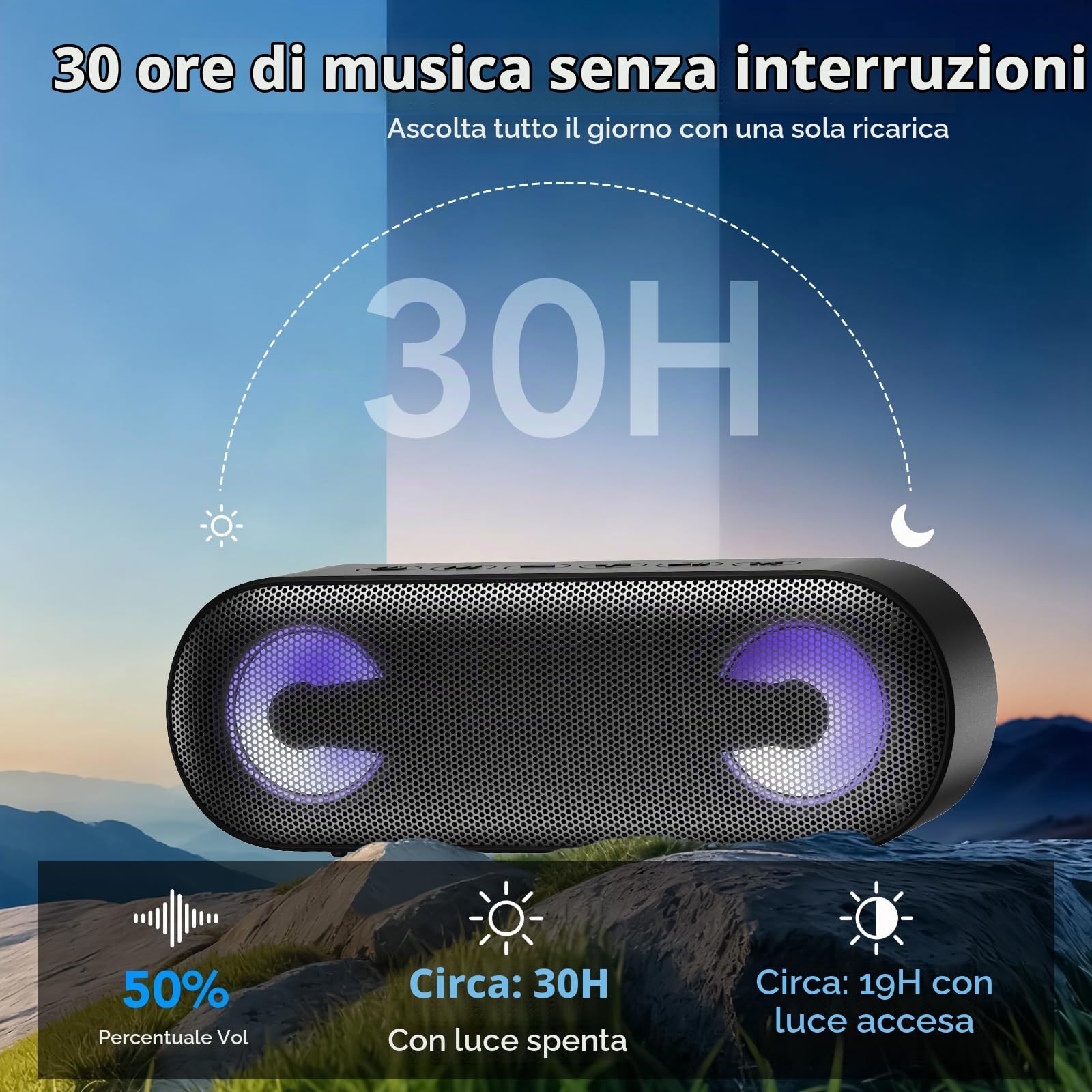 IKT Cassa Bluetooth Potente Portatile con Luci, Speaker Bluetooth 5.4, 30W Basso Potenziato, IPX7 Impermeabile, 7 Luci RGB, 30 Ore Autonomia, Altoparlante Bluetooth per Party, TWS AUX TF-Card