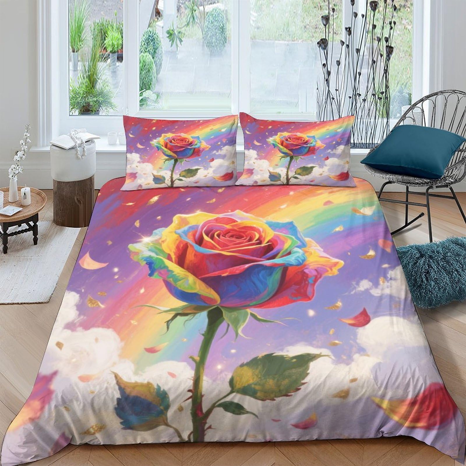 Parure de lit rose 3D 200x200 avec housse de couette en microfibre et taies d'oreiller
