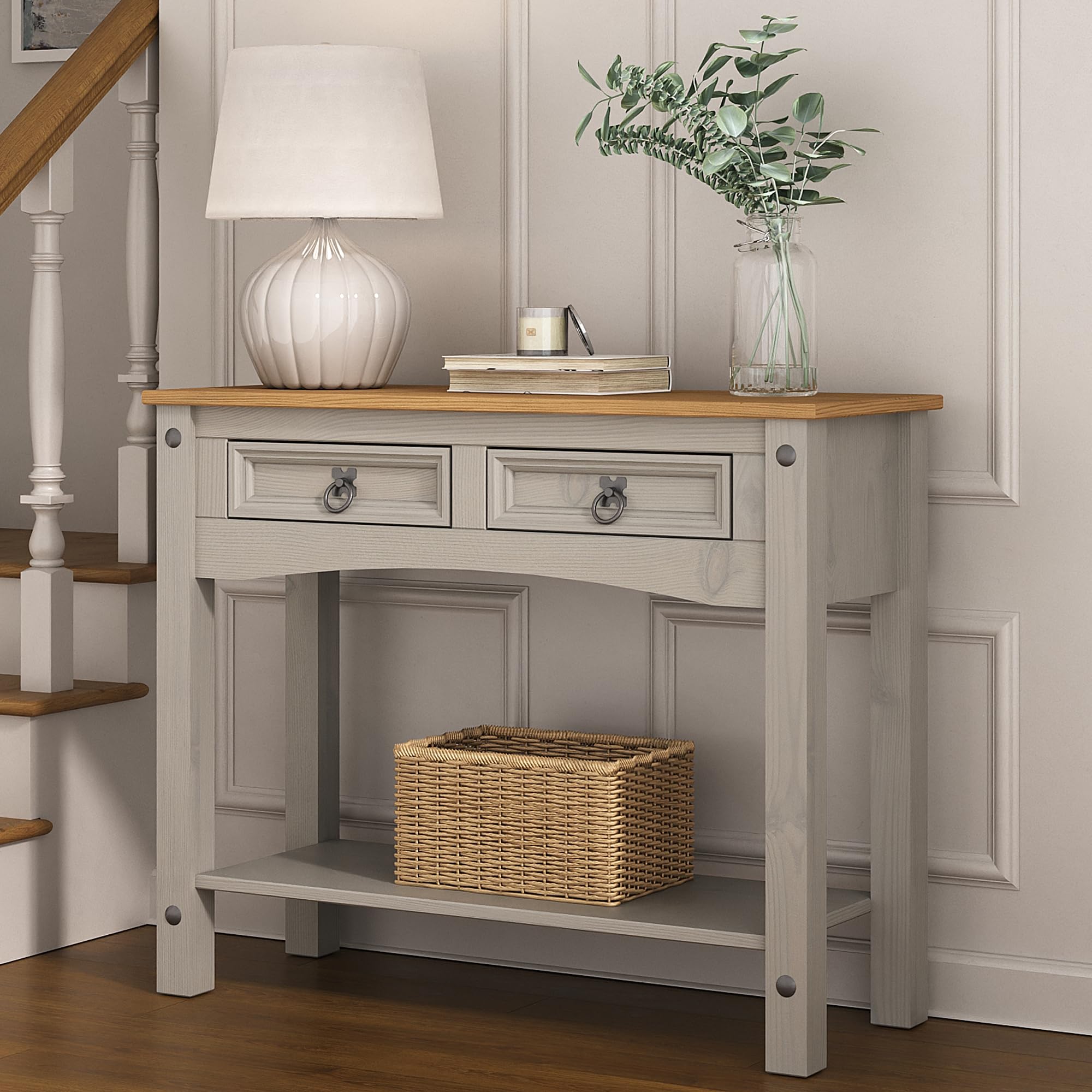 Corona Console Table Grey 2 Drawer Mexican Solid Pine with Shelf