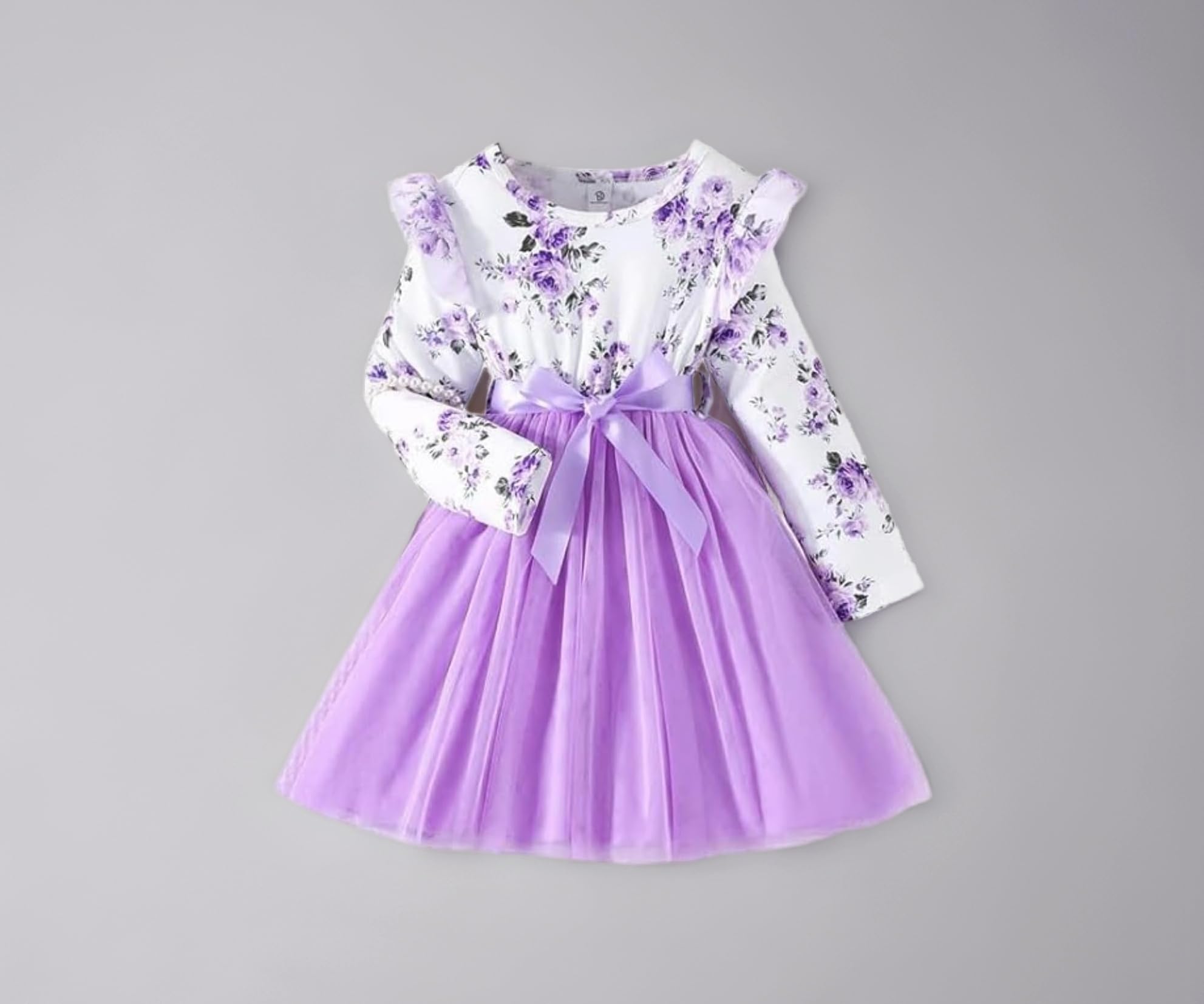 1019 Long Sleeve Printed Flower Belted Square Neck Baby Girl Frock with Knee-Length and A-Line Style