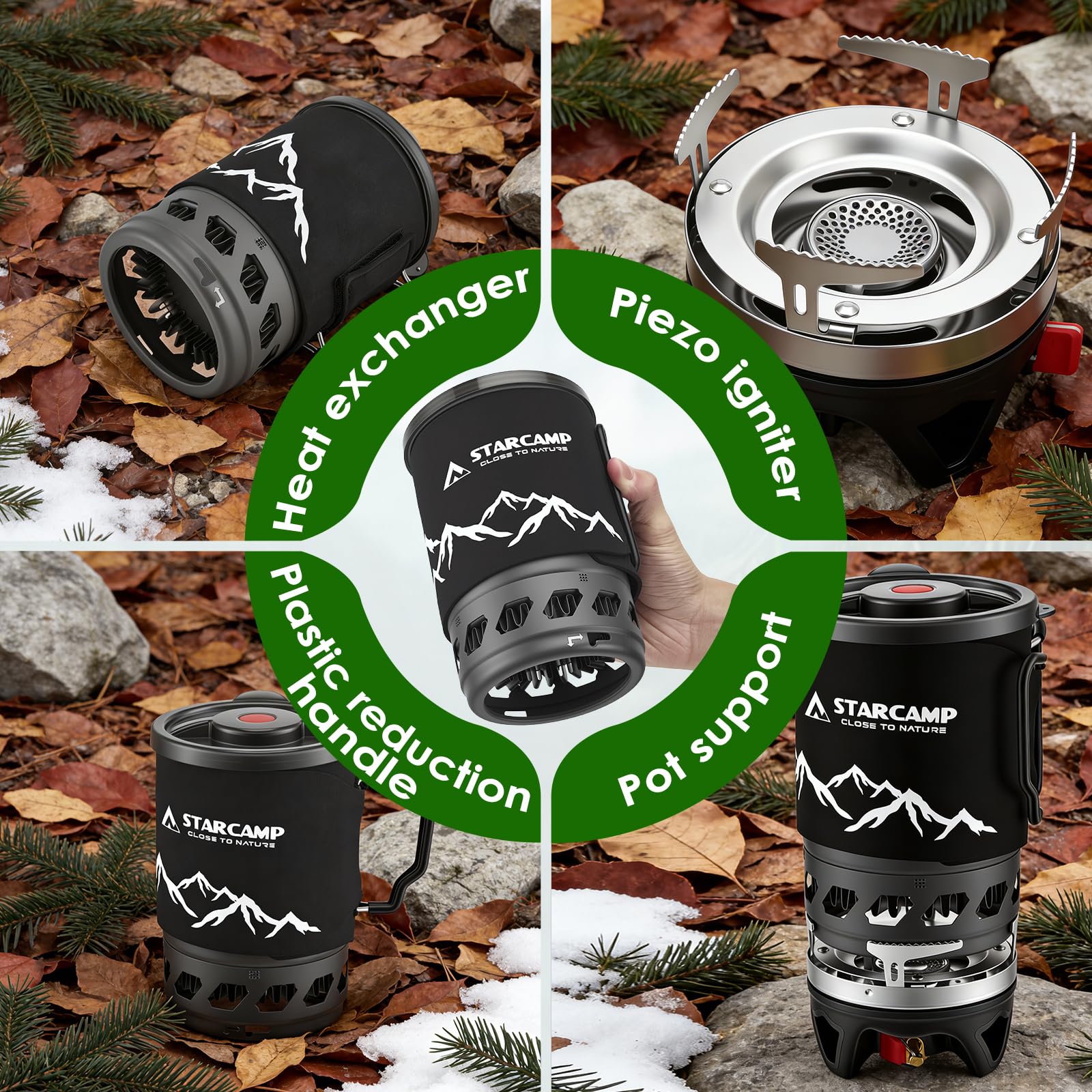 0,9L Réchaud de Camping Gaz Ultra-Léger Système de Cuisson Intégré, Couronne Énergétique, Allumage Piézo & Pot Support – Brûleur Portable Éco-énergétique pour Randonnée, Trekking et Backpacking