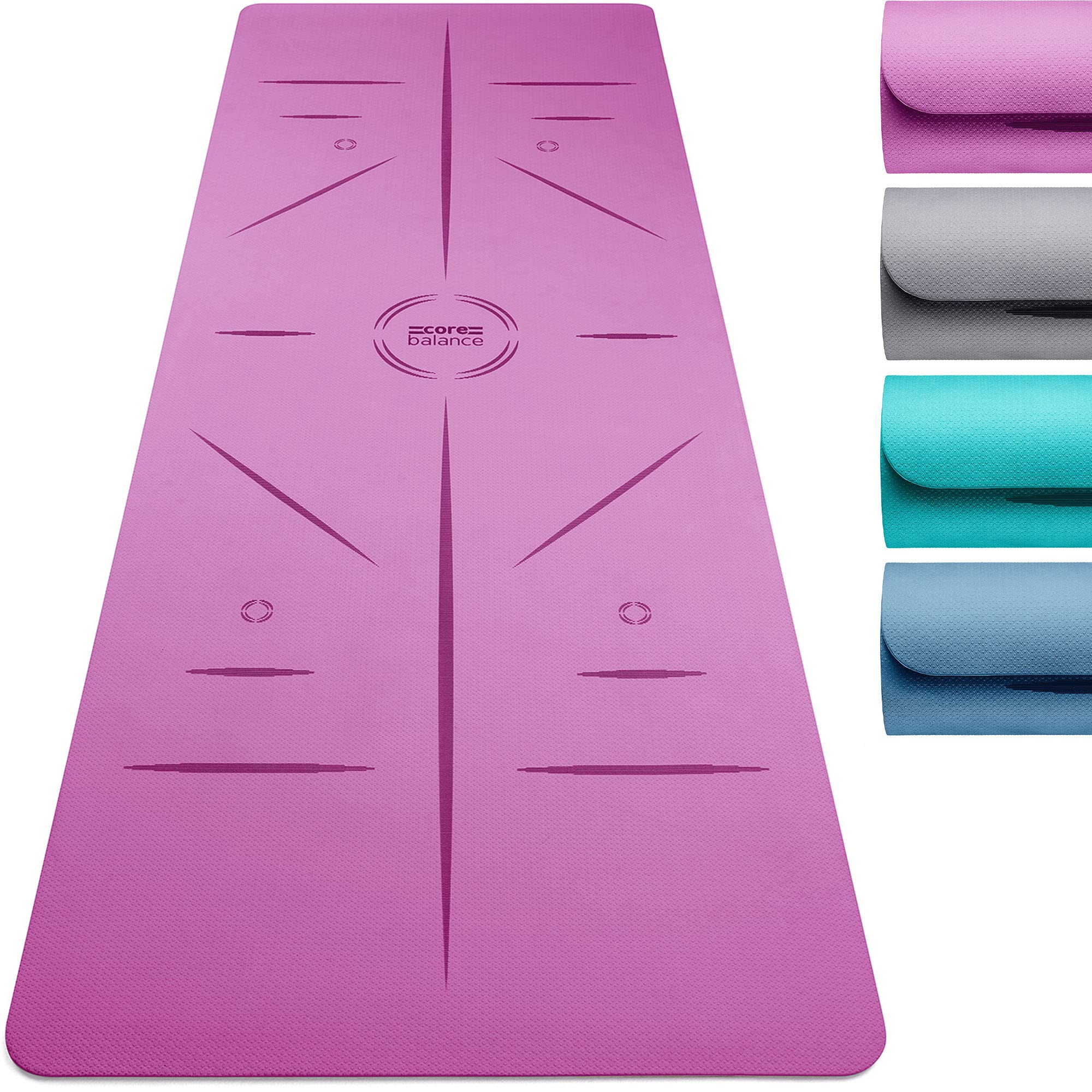 Core Balance TPE Yoga Mat with Alignment Lines 6mm Non Slip Foam Exercise Fitness with Travel Strap (Purple) — image 1
