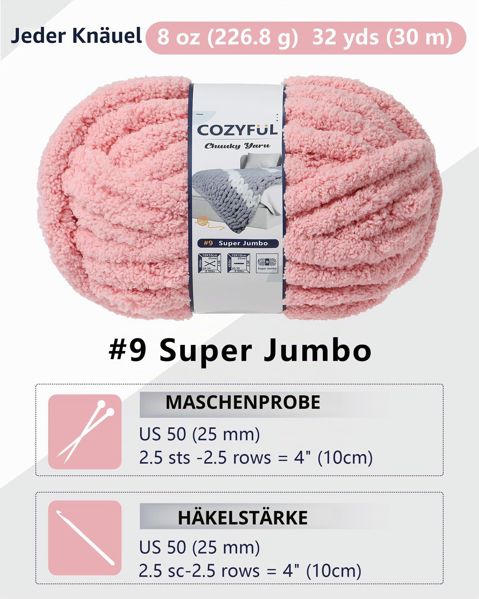 Cozyful Grobes Garn zum Handstricken, #9 dickes Jumbo-Garn zum Häkeln, Super Grobstrick-Deckengarne, große Chenille-Garne, 8 Stück (30 m pro Knäuel), Rosa