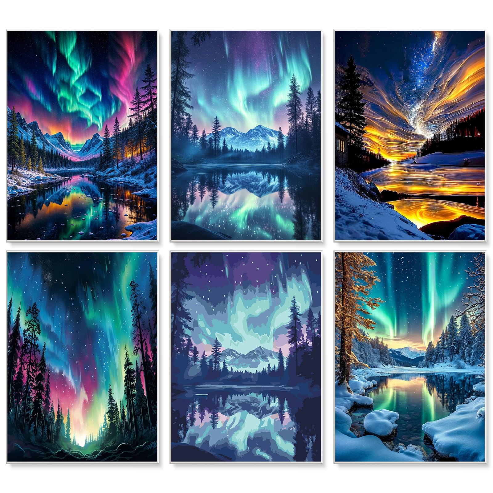 6 Pack Aurora Paint by Numbers for Adults Canvas Without Frame, Aurora Landscape Painting by Numbers for Adults, DIY Acrylic Paint Kit Arts and Crafts Adult Beginners for Home Wall Decor Gift 25x35cm โ image 1