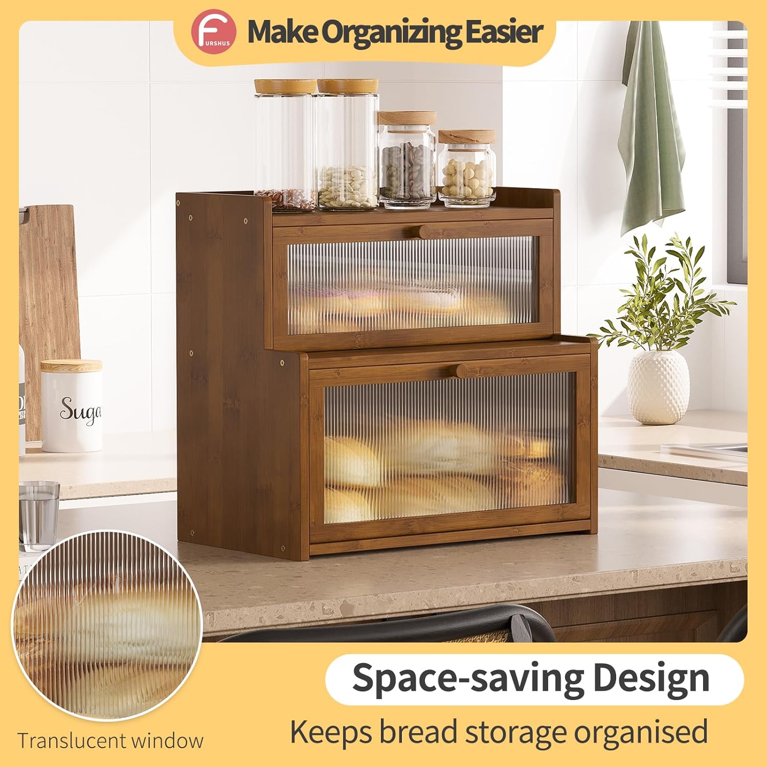 Double Layer Bamboo Bread Box for Kitchen Counter,Bread Holder,Countertop Bread Storage with Window (Brown)