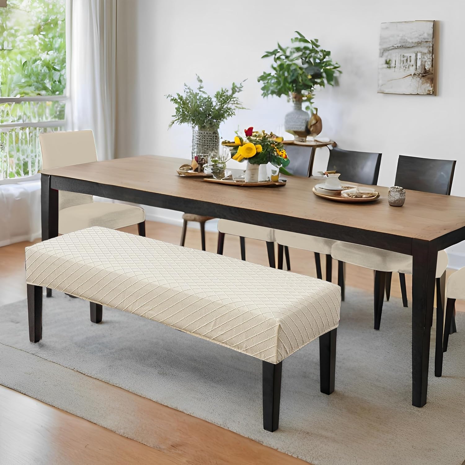 Genina Stretch Dining Bench Covers, Waterproof Stretch Jacquard Bench Seat Protector Cover, Rectangular Bench Cover for Bedrooms, Living Rooms, Kitchens, Removable, Washable-Beige