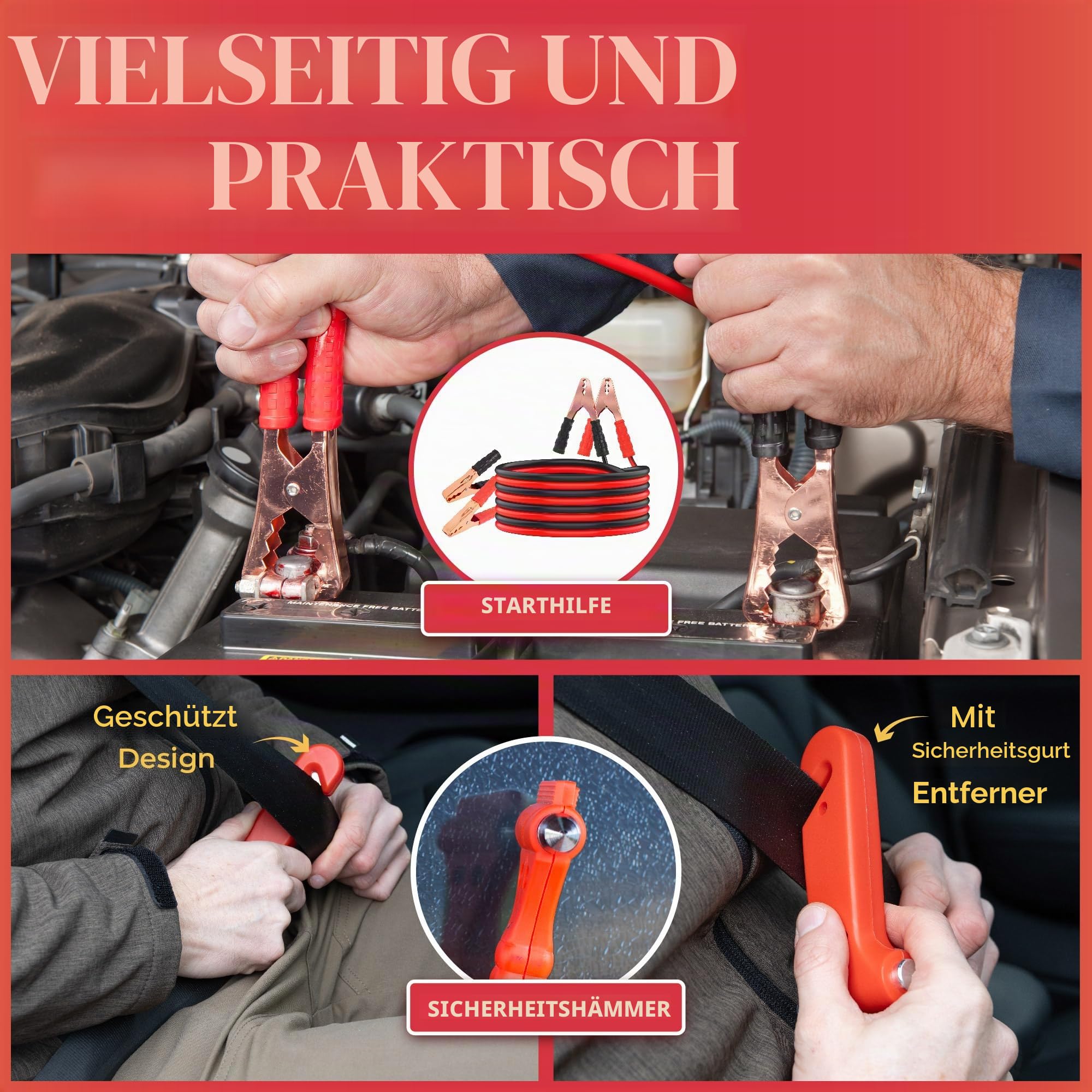 GADLANE Auto Panne Notfall Kit - Großes Auto Notfallset am Straßenrand mit Warndreieck, Starthilfekabel, Abschleppseil, Erste-Hilfe-Set