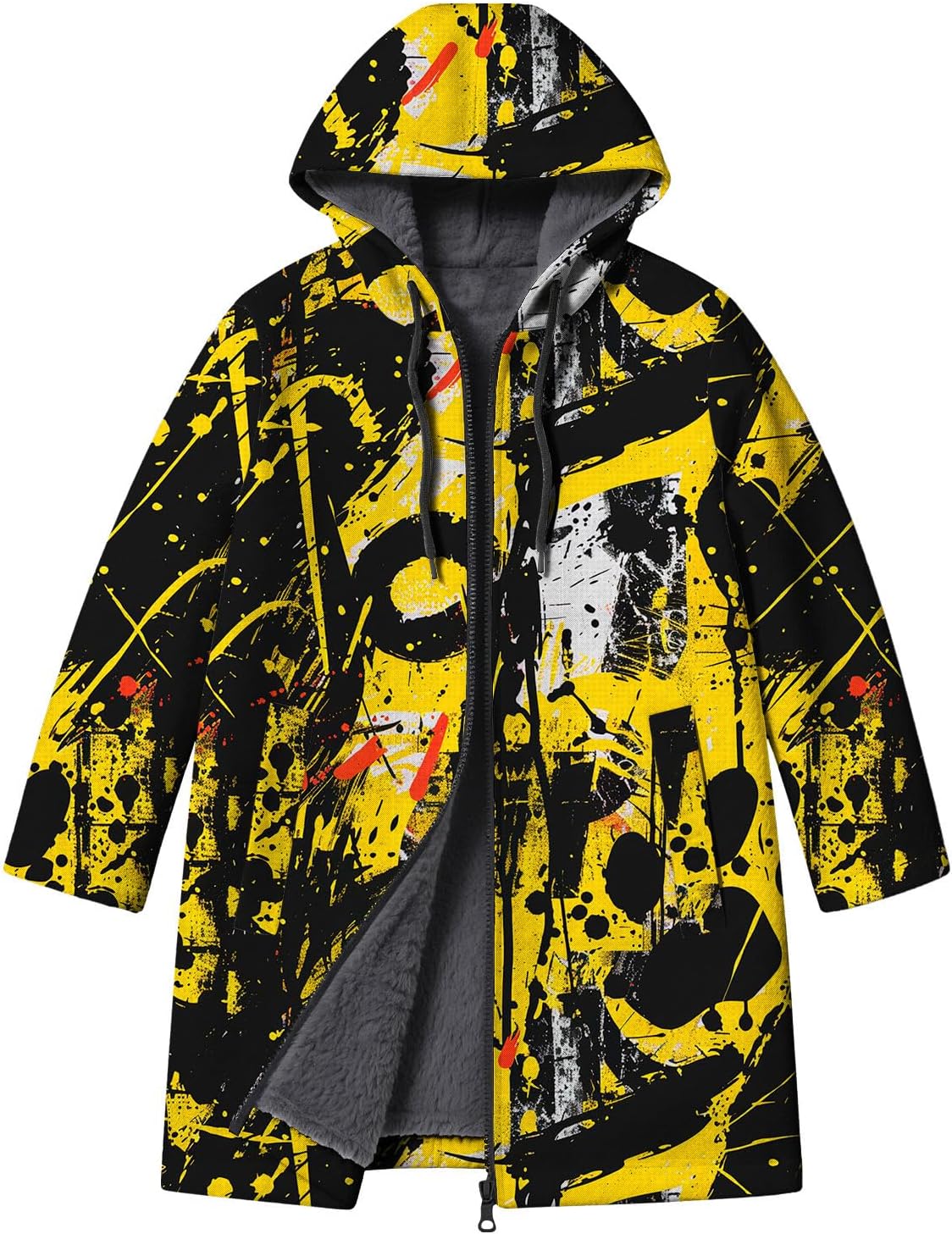 Mens Graffiti Printed Cardigan Hoodies Full Zip Up Long Sherpa Coat Fashion Casual Fleece Lined Jackets with Pockets - Image 4