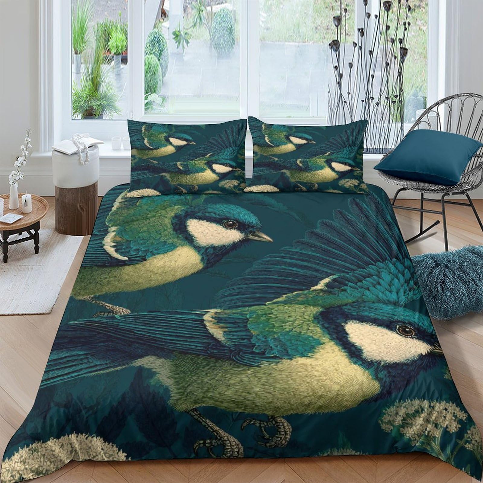 GPLZQXKJNH 3D Printed Blue Tit Bird Duvet Cover Microfiber Soft Breathable Forest Feather Bedding Set with 2 Pillowcases for Bedroom Decor Single（135x200cm）