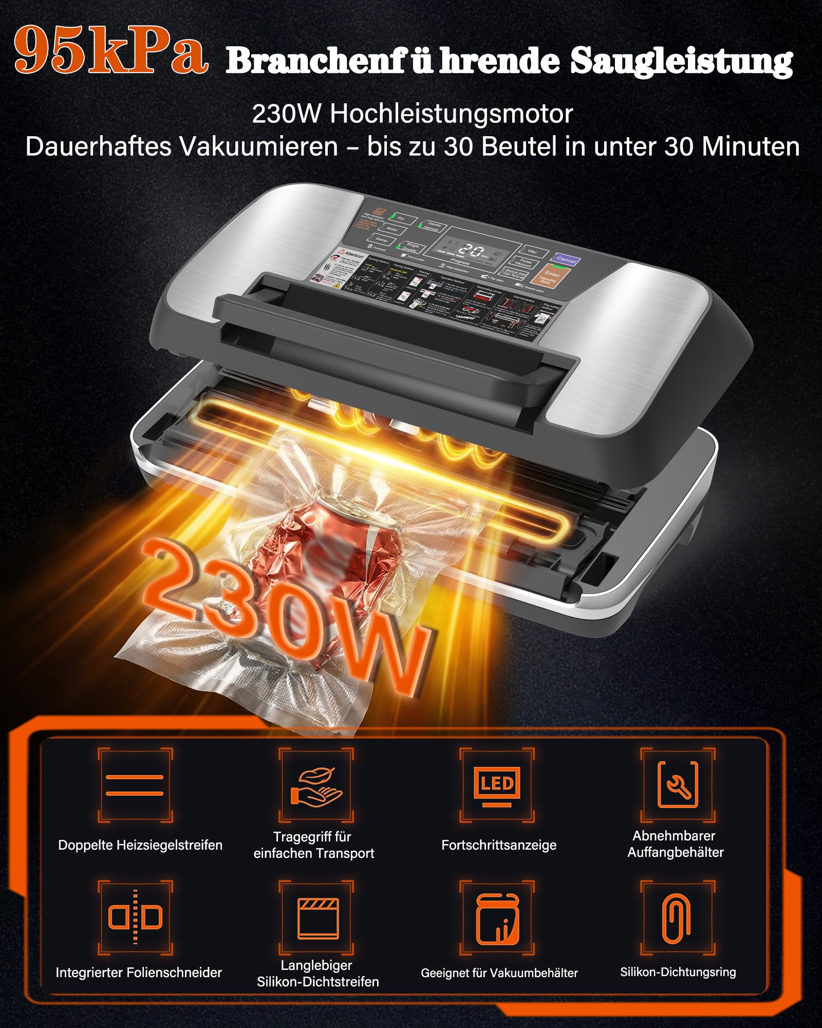 Vakuumiergerät für Lebensmittel 95 kPa, 12-in-1 Vacuum Sealer mit doppelter Schweißnaht, Easy-Lock-System, integriertem Cutter, abnehmbarer Tropfschale für Frische und lange Lagerung