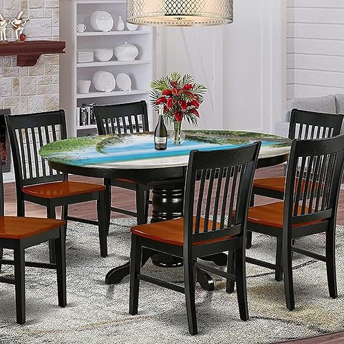 Miniatura 2 de Oval Fitted Tablecloth, Ocean Elastic Edged Polyester Table Cover,Shadow Shade of Coconut Palm Print Fitted Table Pad, Fits Oval Tables up to 48" x