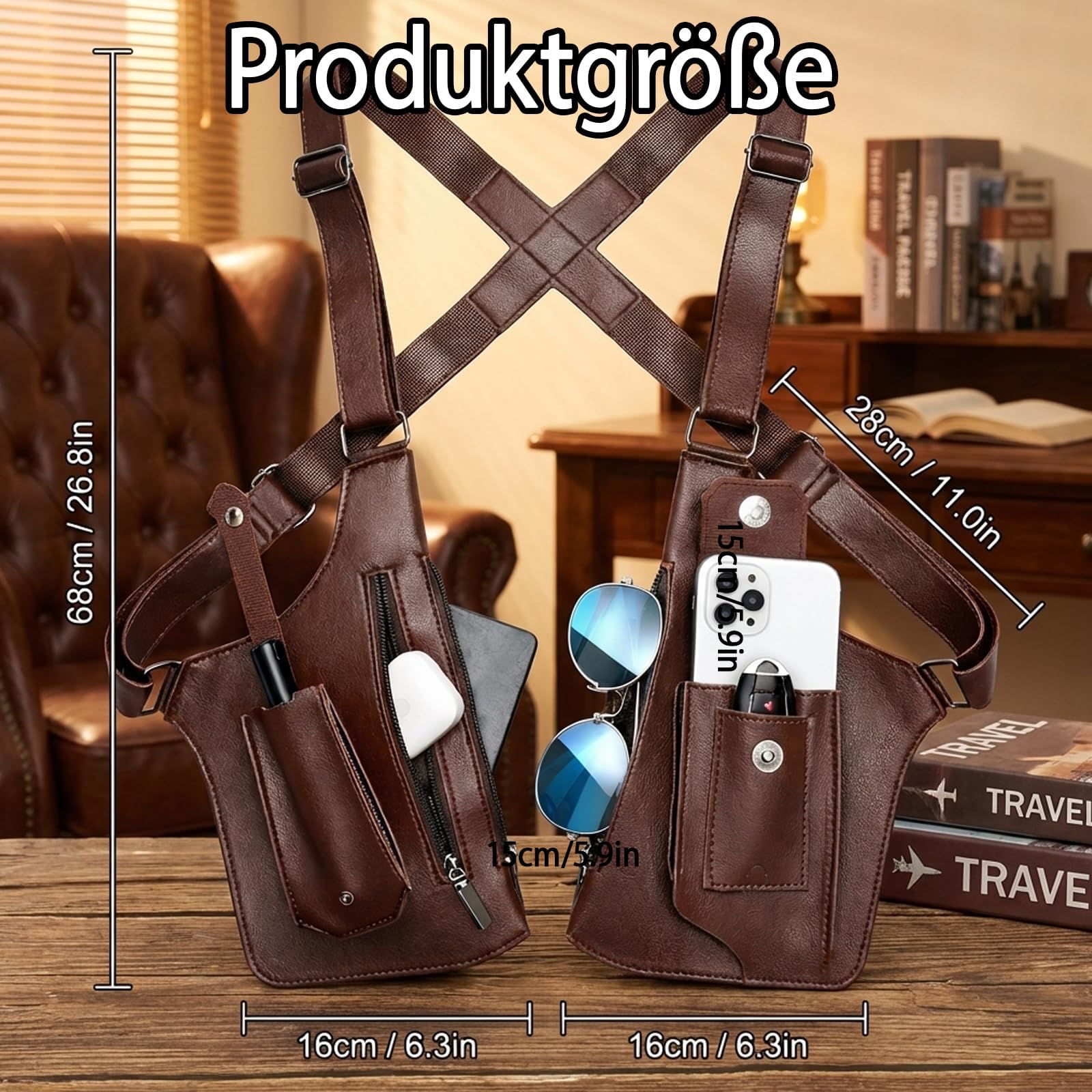 Holster Tasche Herren, Brusttasche Herren Für Vielseitige Nutzung, Doppel-Schultertache Aus PU-Leder, Robuste Herren-Schultertaschen Im Klassischen Braun, Brusttasche Für Reise, Business & Outdoor