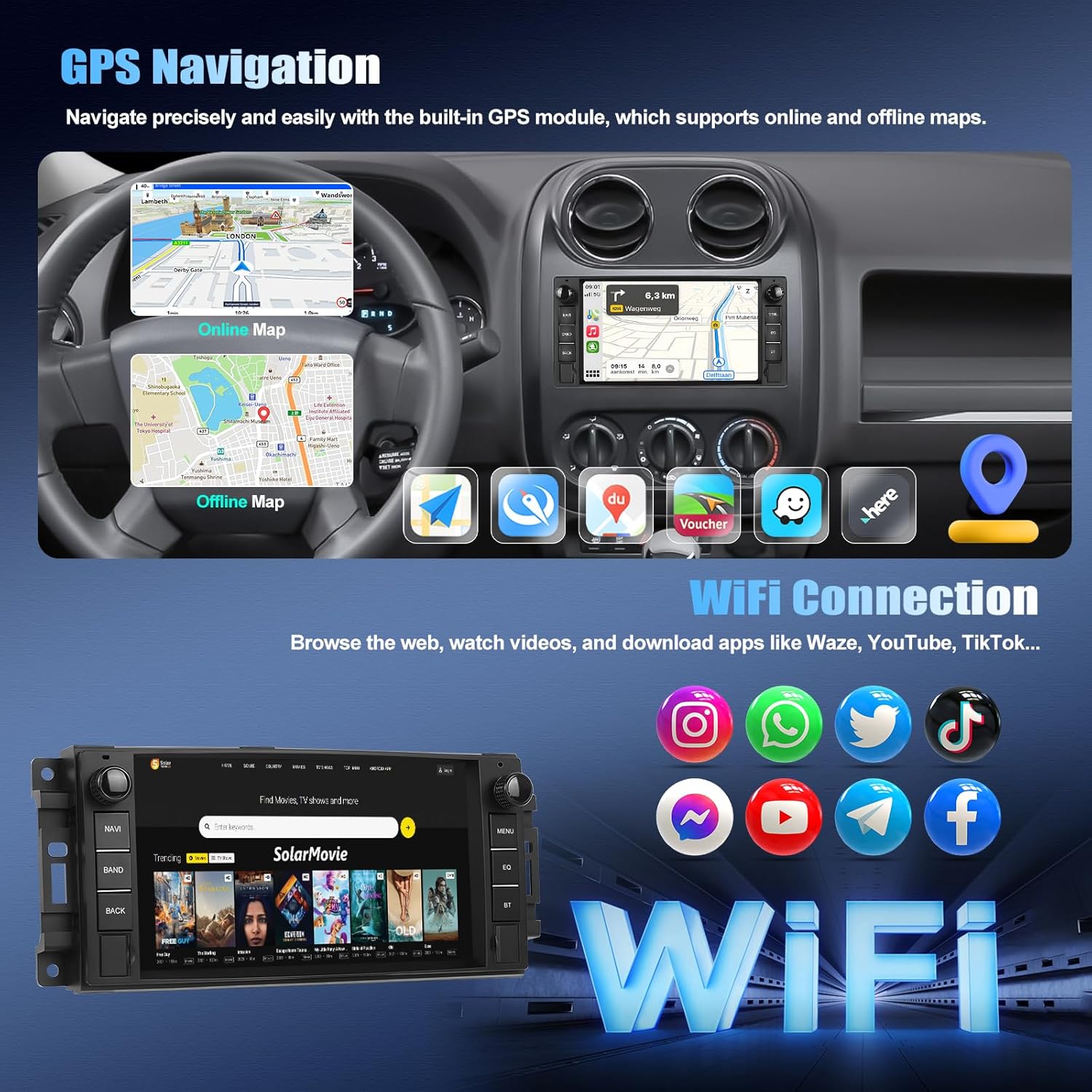 SIXTOP 8 Core 4G+64G Android Car Stereo for Jeep Wrangler JK 2007-2018 Dodge RAM 1500 2009-2012 Wireless CarPlay Android Auto, 7 Inch Touchscreen GPS Bluetooth 5.0 DSP WiFi SWC AHD Rear Camera