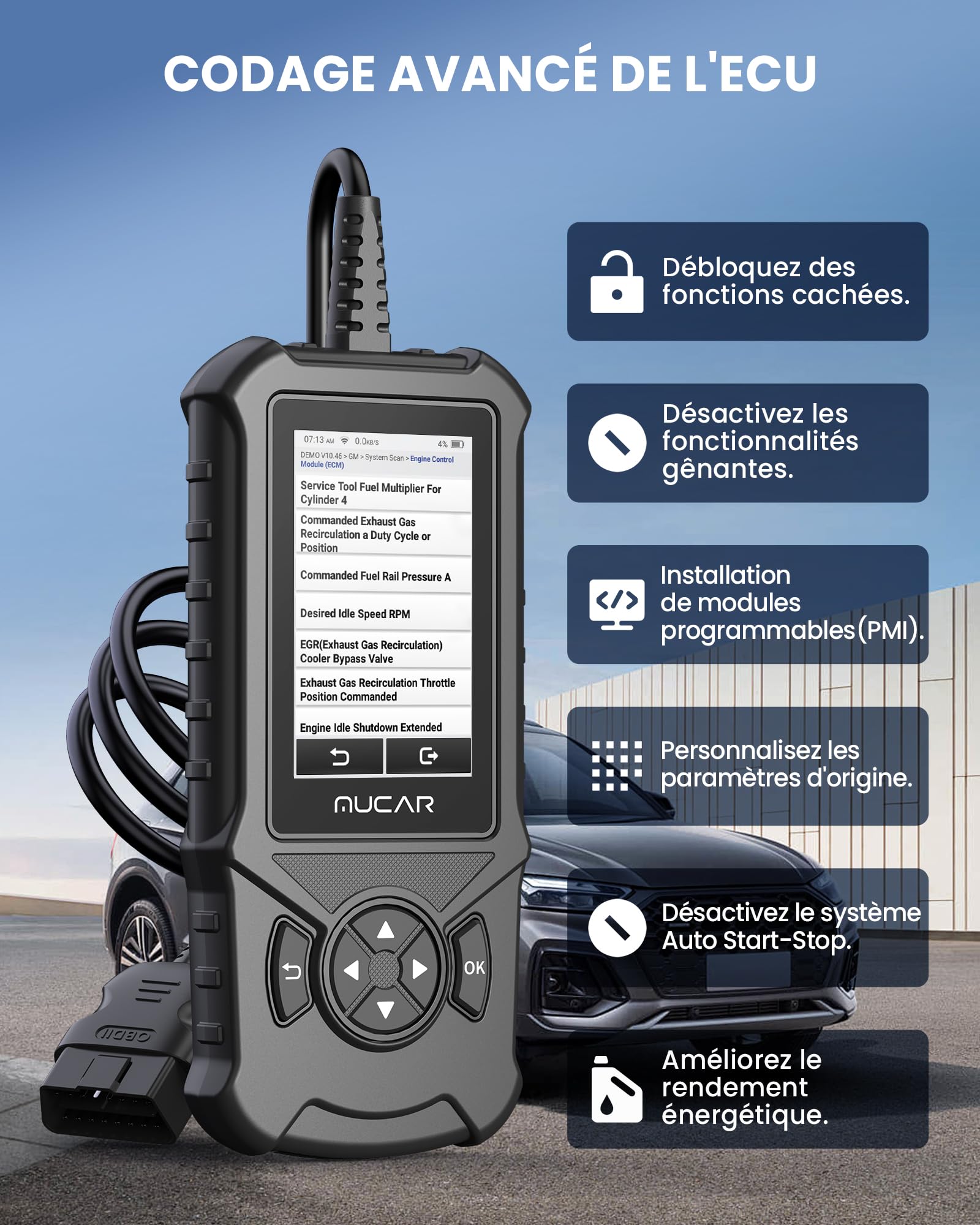 mucar CDE900S Valise Diagnostic Auto Compatible avec Peugeot, Citroën, Renault,Outil de Diagnostic Complet du Système, 40+ Services de Réinitialisation, Test Actif, Codage ECU