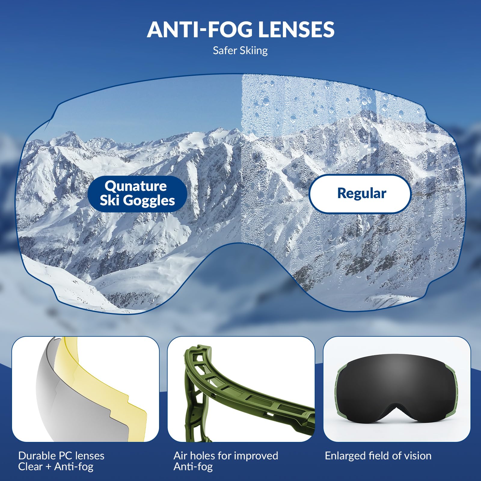 Qunature Lunettes Ski OTG Anti-Buée UV400 Homme Femme Vert