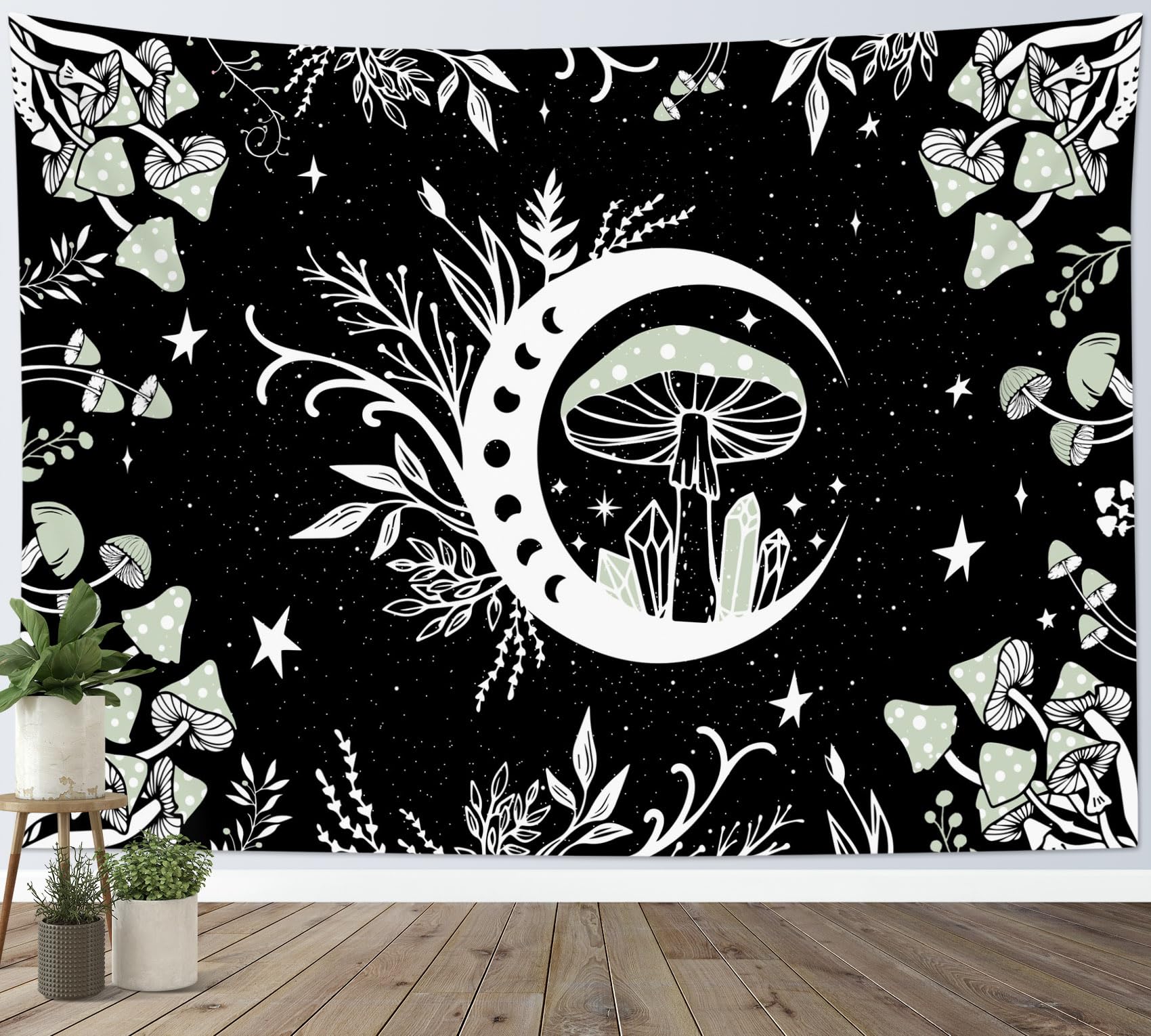 Tapisserie murale Plante champêtre style bohème noir et blanc XL