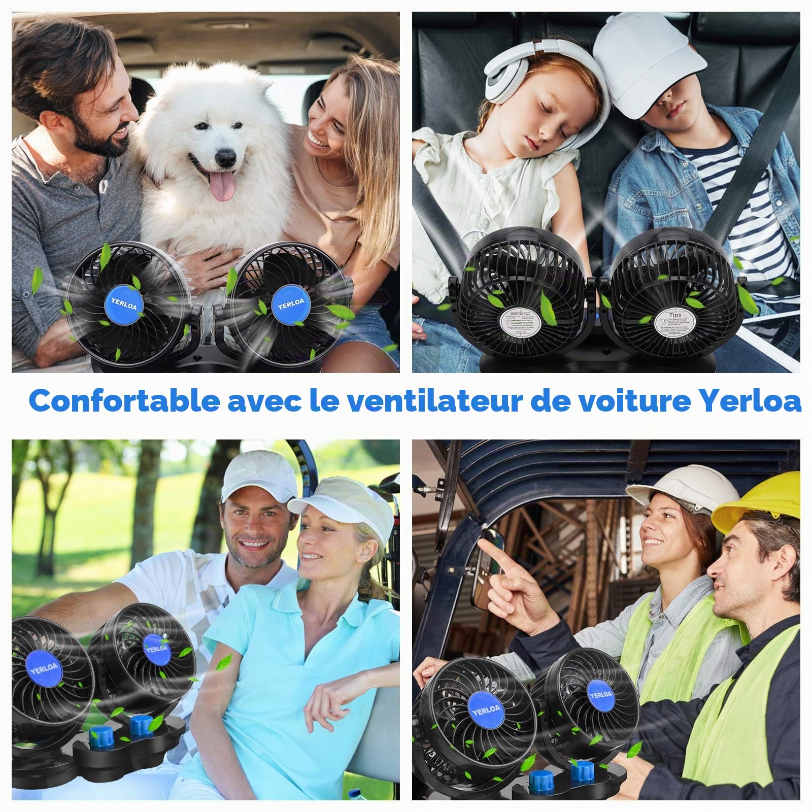 Yerloa Ventilateur Voiture 12V, Ventilateur Voiture de Voiture électrique avec Double tête Réglable à 360 Degrés, Ventilateurs de Refroidissement Silencieux pour SUV, Véhicules 2025 Nouveau