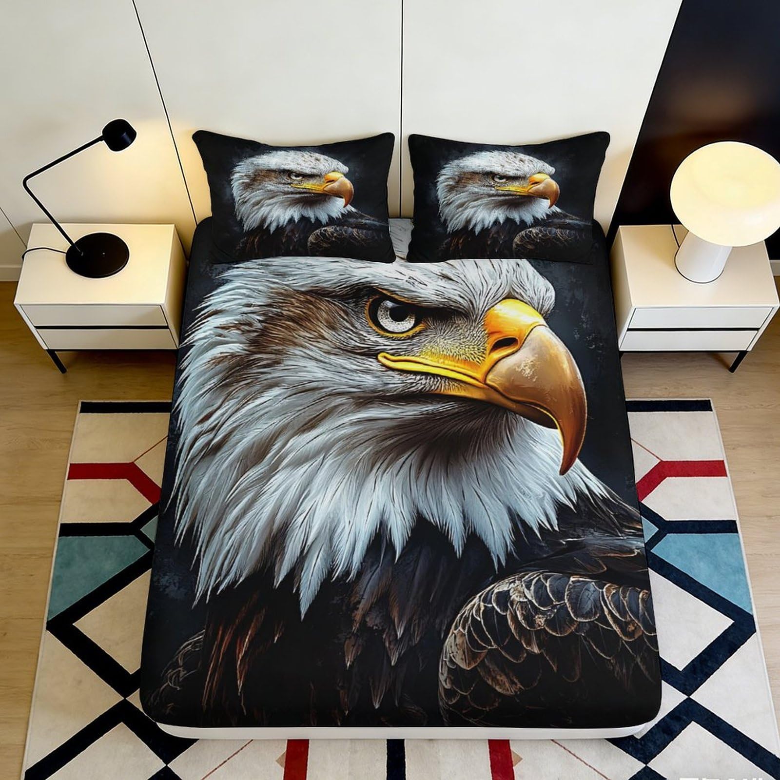 3D Printed Bald Eagle Fitted Sheet Microfiber Soft Black White Realistic Eagle Mattress Cover for Bedroom Decor 90x200x25cm
