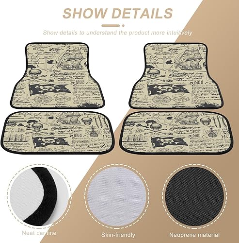 Miniatura 5 de Juego de 4 tapetes para piso de coche, diseño de calavera de barco pirata, diseño de mapa del tesoro, tapete antideslizante y duradero, accesorios