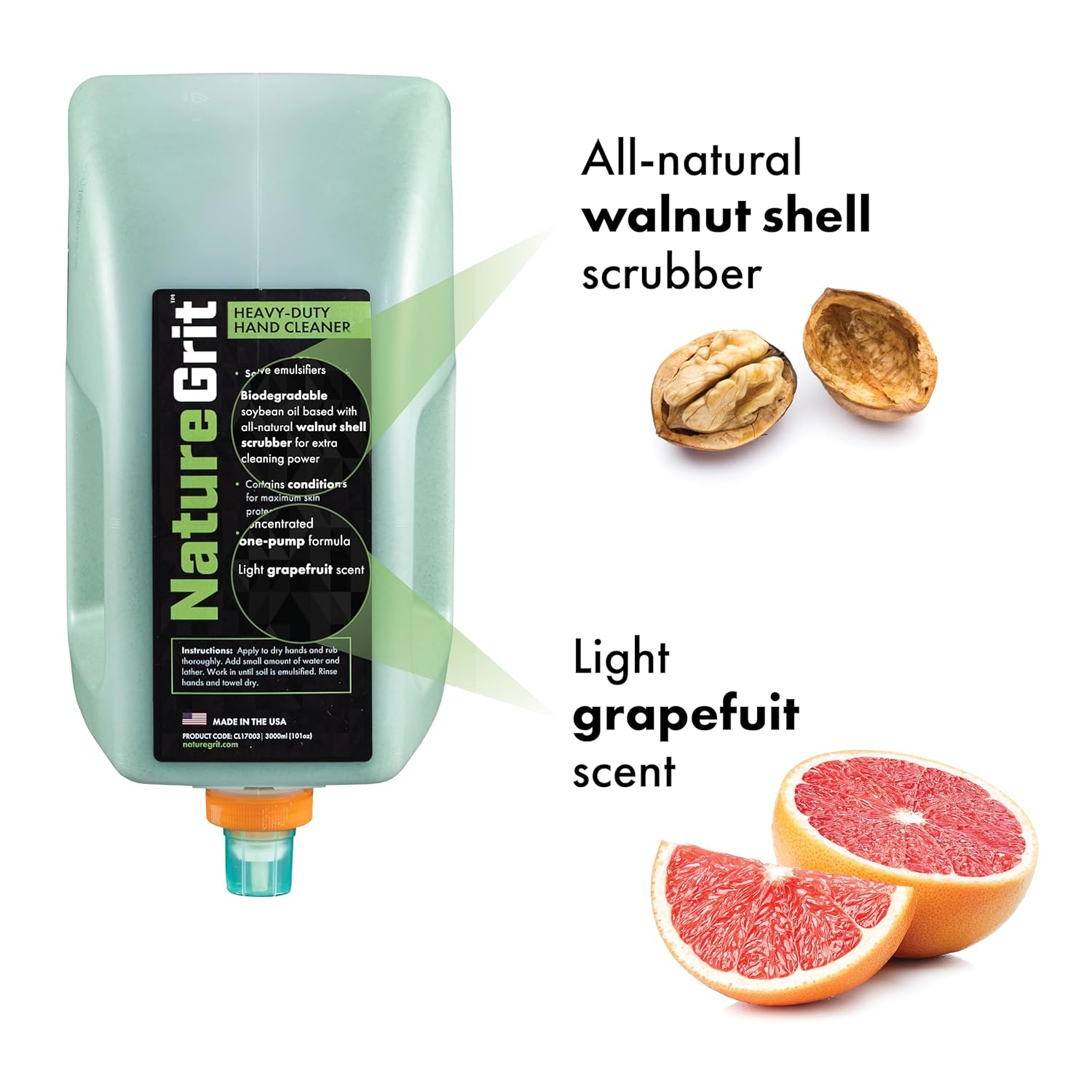 NatureGrit – Heavy Duty Industrial Hand Soap Cleaner Refill – Walnut Shell Conditioners for Skin Protection for Auto Mechanics, Manufacturing, and Anyone with Working Hands - 3-liter (Case of 3)