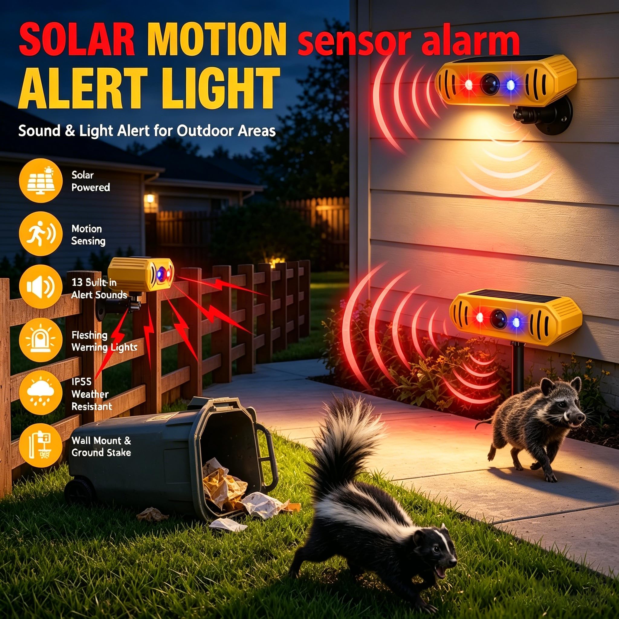 Lot de 2 détecteurs de mouvement solaires avec 13 sons, double haut-parleur KINGCOO 129 dB, bruits de tir, aboiements de chien, LED rouge et bleu, avertissement de sécurité, lumière stroboscopique