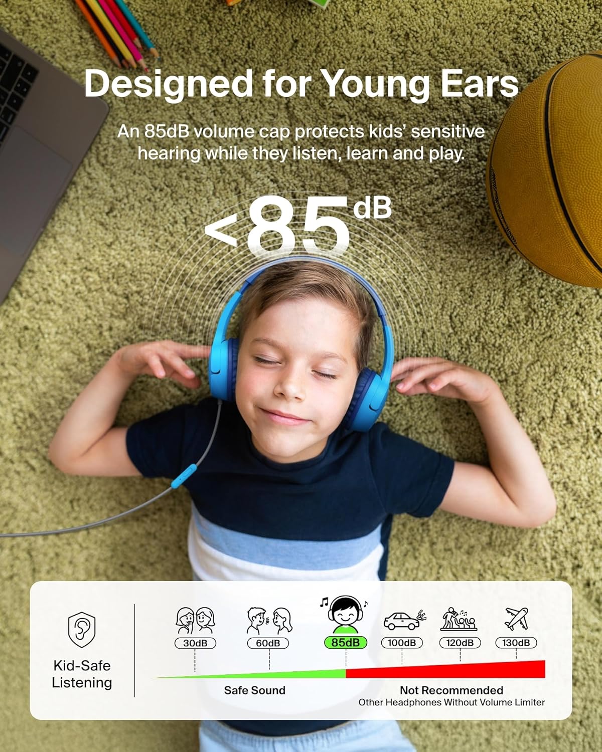 Belkin SoundForm Mini Kids Wired Headphones w/USB C to 3.5mm Dongle, Built-in Mic & Fun Stickers, 85dB Max Volume – for Online Learning, Travel, Compatible w/iPhone 16, iPad, Galaxy S25, etc - Blue Blue Wired (USB-C)