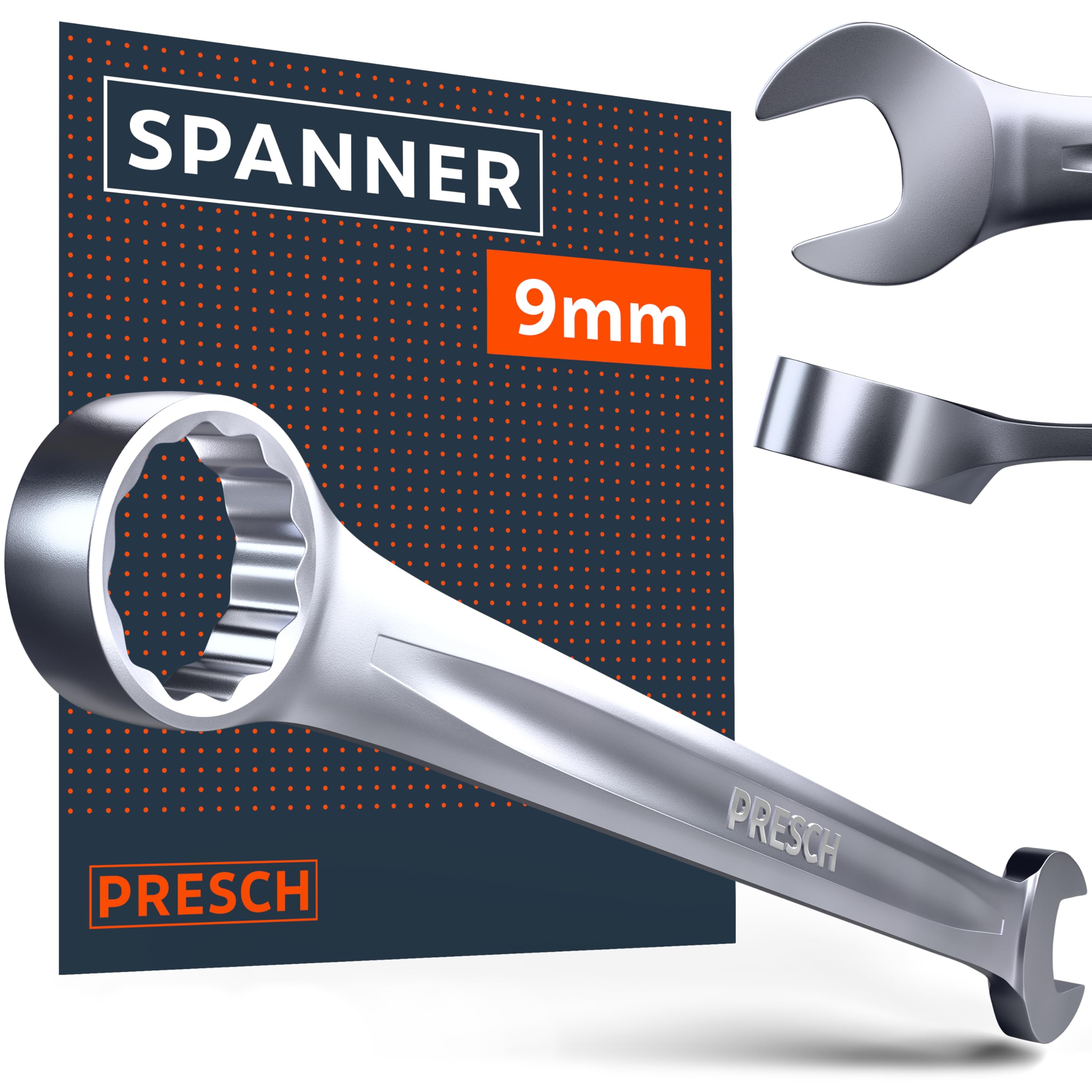 Presch Combination Spanner 9Mm - Precision-Machined & Exceptionally Robust Spanner - 15° Angled For Tight-Space Work - Professional Metric Combination Wrench