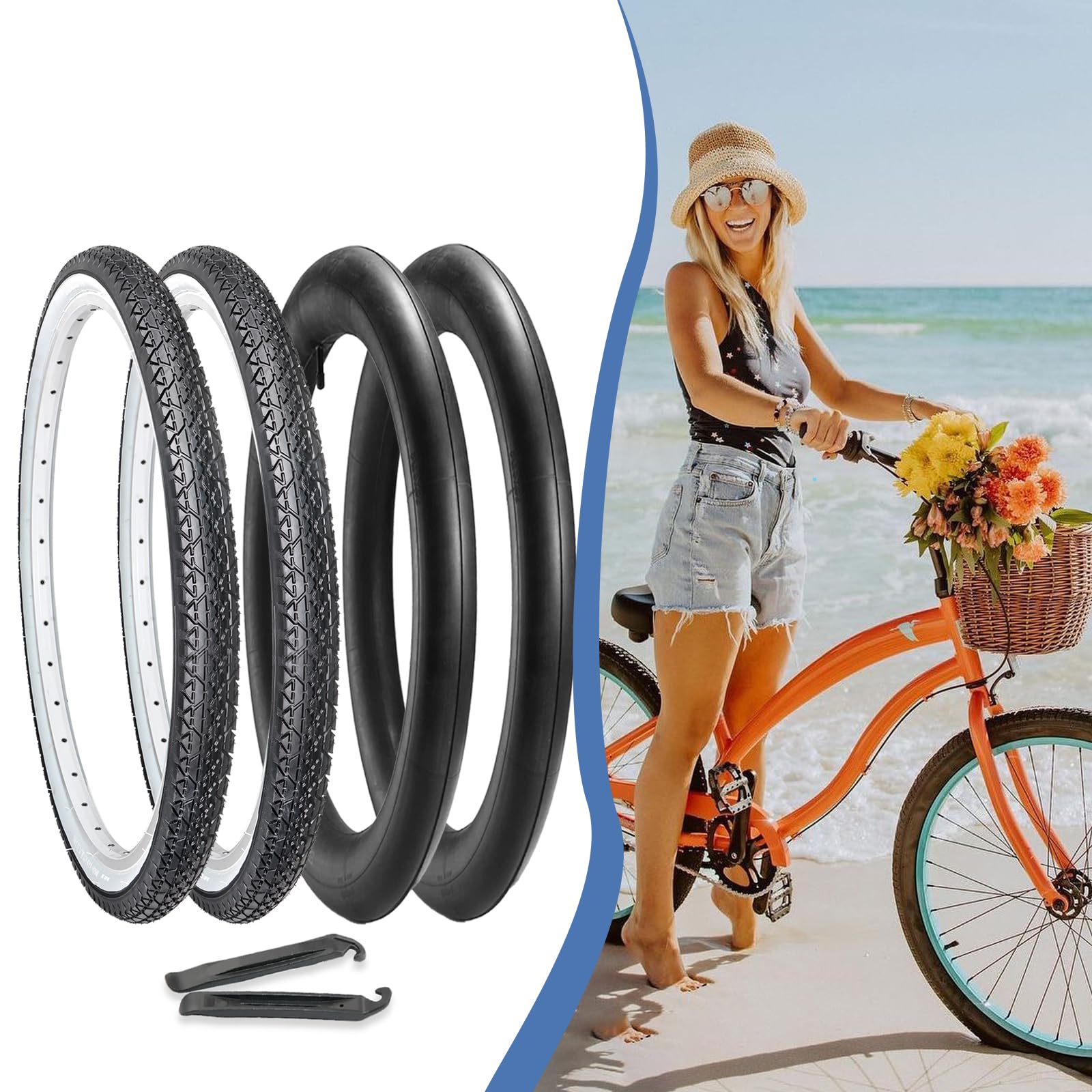 Hycline 2 Pack Bike Tires Set,26"x2.125" Folding Replacement Tire Plus Bike Tubes and Tire Levers for Beach Cruiser Bicycle-Whitewall
