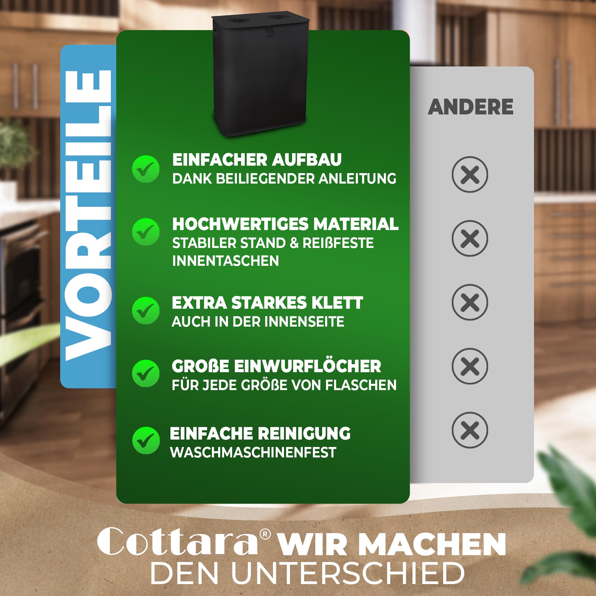 COTTARA® Pfandflaschen Sammelbehälter 2 Fächer - Stabiler Flaschensammler Leergut Behälter 160L mit 2 Tragetaschen - Praktischer Pfandbehälter, Pfandsammler, Pfandflaschen Aufbewahrung schwarz