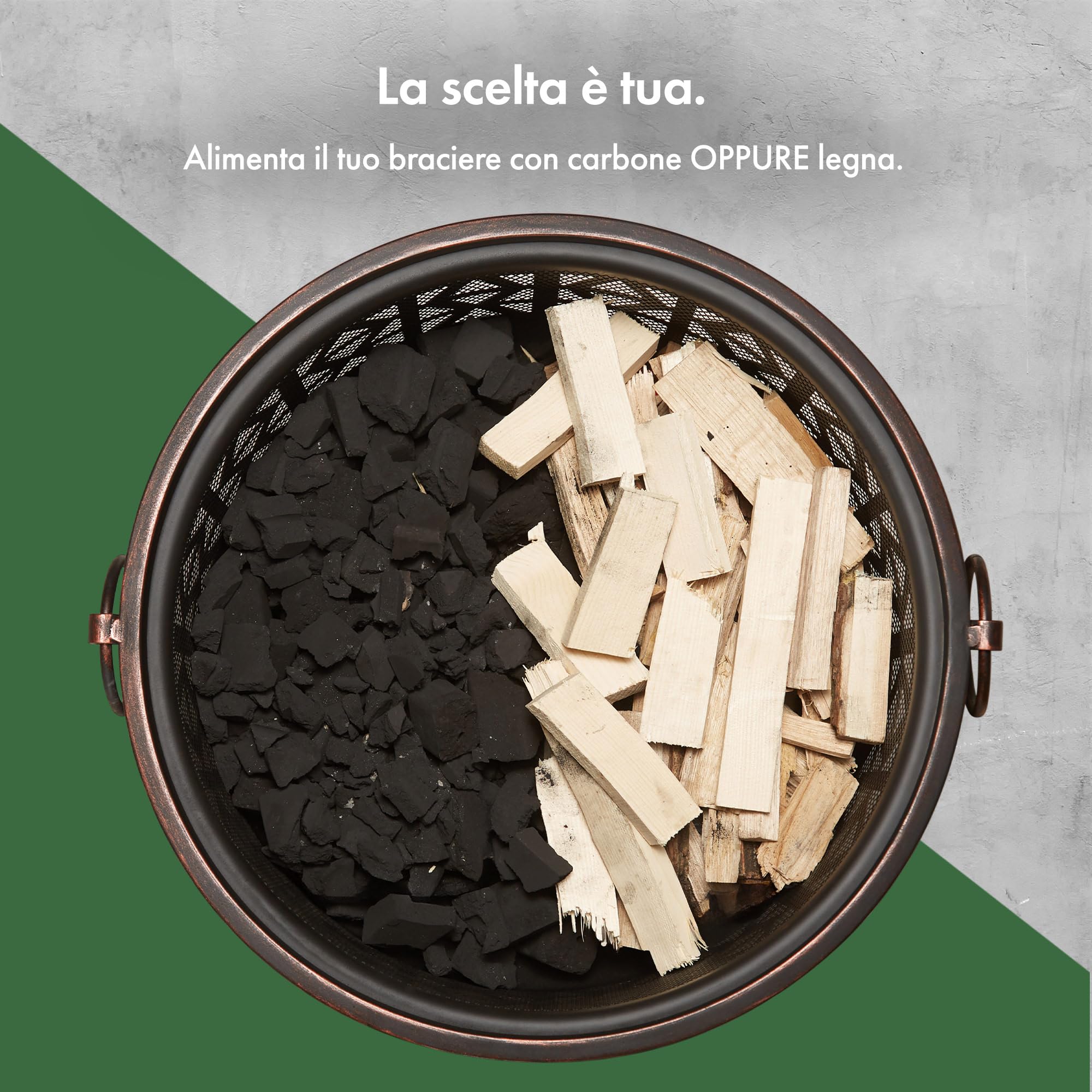 Vonhaus Braciere per esterni, giardino e patio – portatile e leggero, in acciaio bronzato marrone, attizzatoio, rete protettiva e maniglie, legna o carbone (Design Geometrico in Marrone)