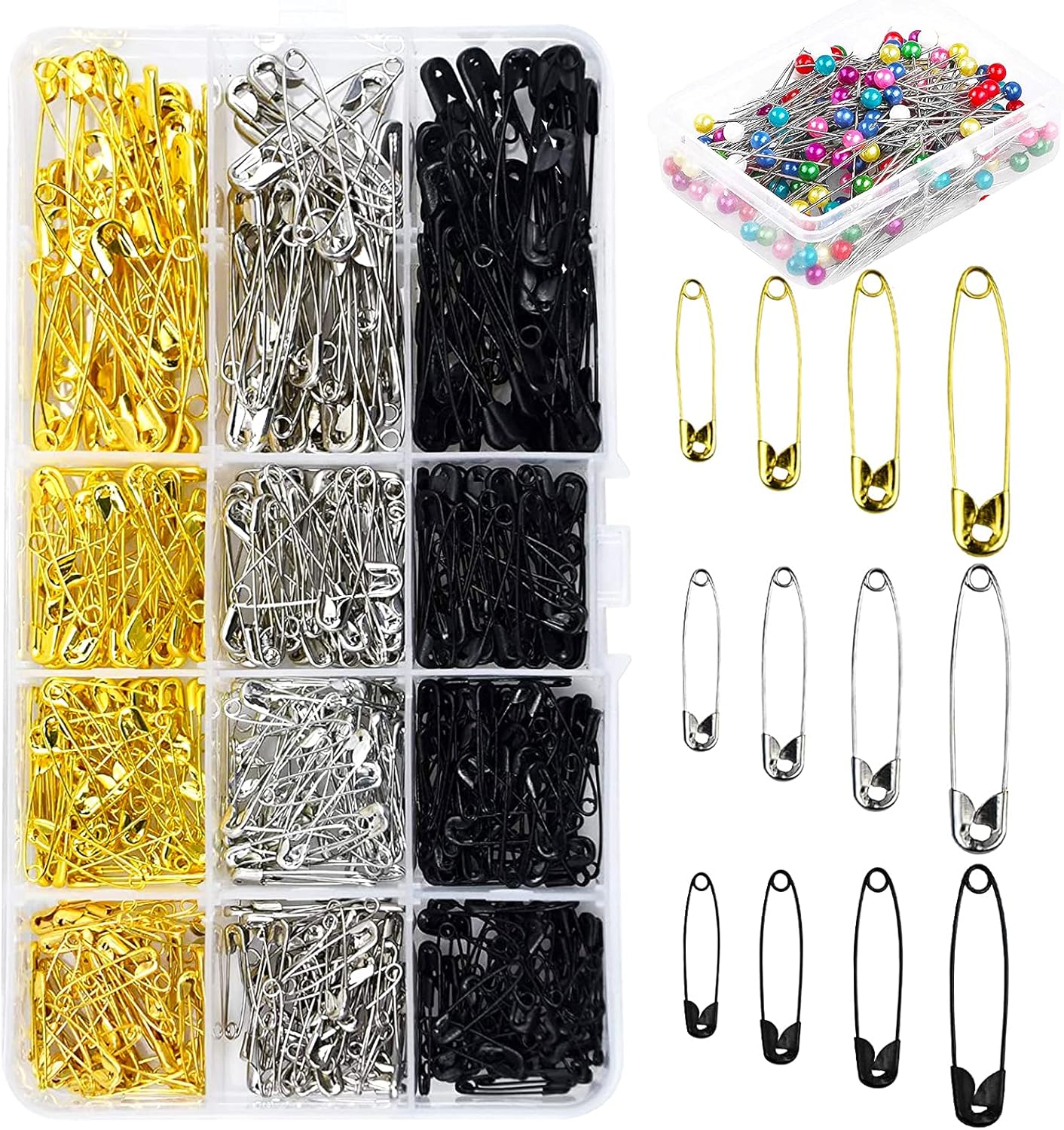540 Pack Safety Pins with 100PCS Push Pins, 4-Sizes in 3 Colors 1-1.5inch Assorted Safety Pins for Clothes Sewing Quilting Jewelry Making DIY