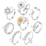 ORAZIO 9Pcs Fidget Anxiety Ring for Women Men Spinner Ring for Anxiety Stress Relief Adjustable Open CZ Flower Butterfly Bee Sun Moon Star Bead Rotatable Spinning Figet Calm Rings Silver Set